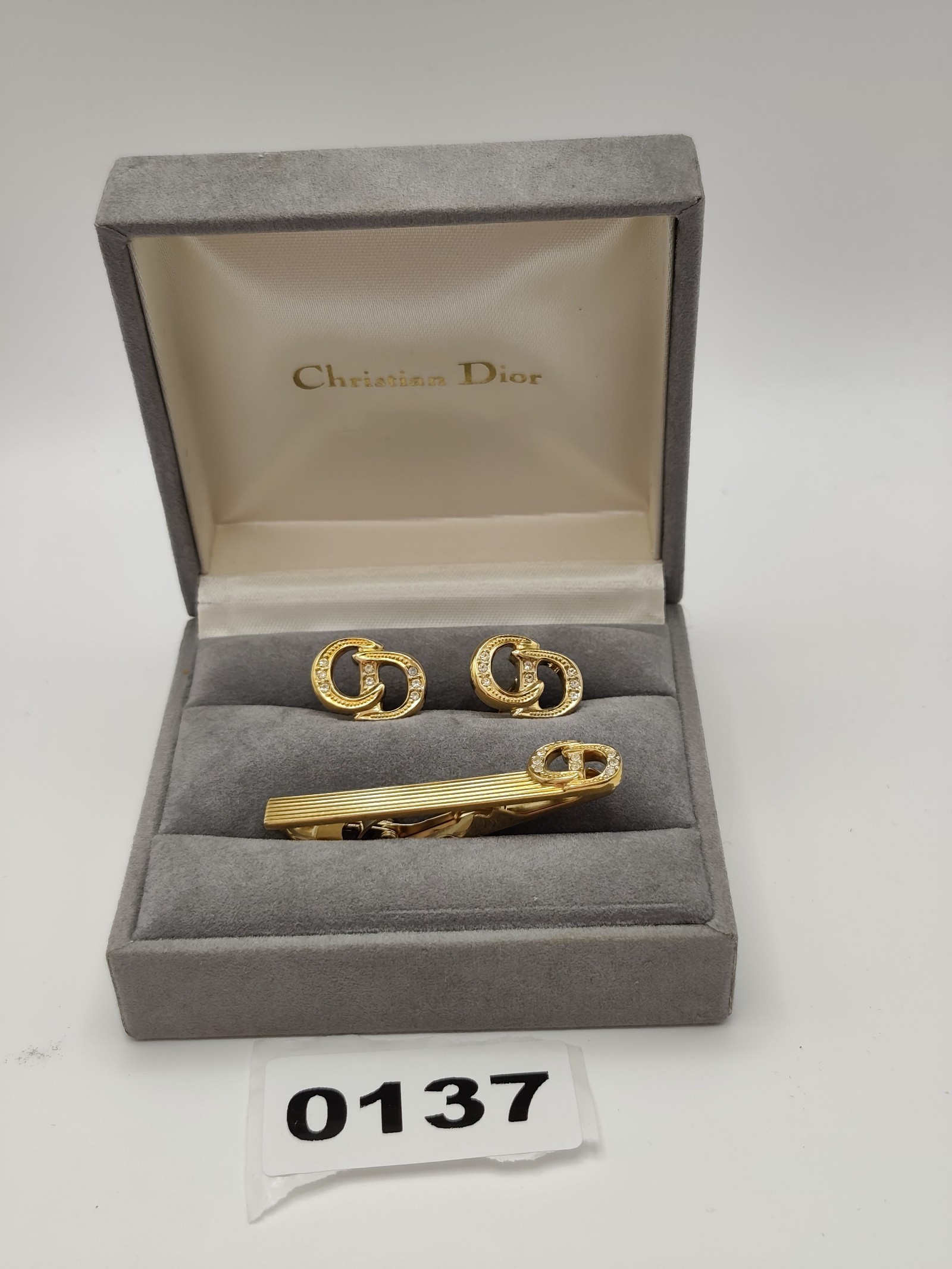 Christian Dior Men's Gold Tone Crystal Cufflinks & Tie Clip Set Other