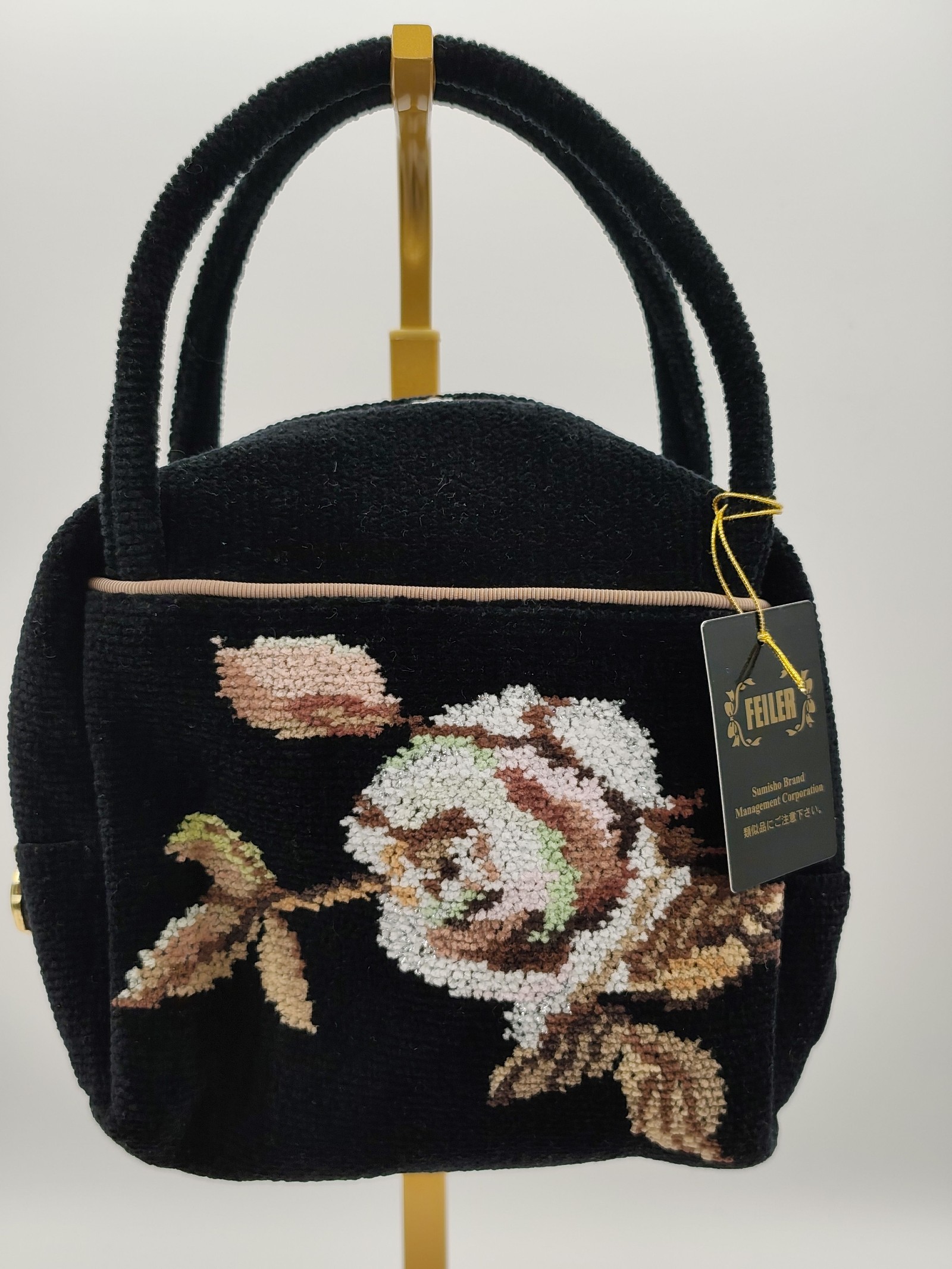 Feiler Black Floral Chenille Handbag Small