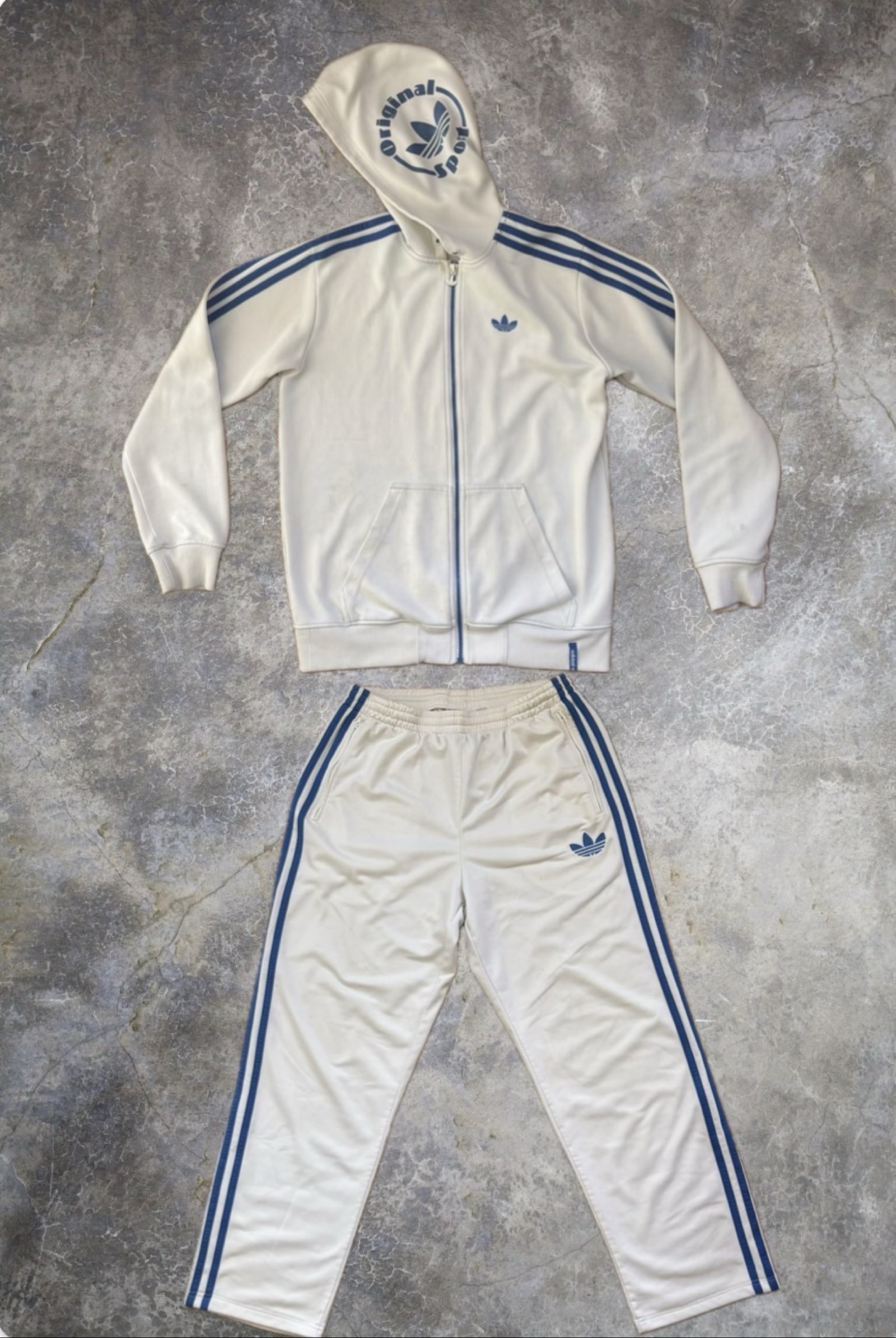 Adidas White & Blue Hoodie & Track Pants Set Large