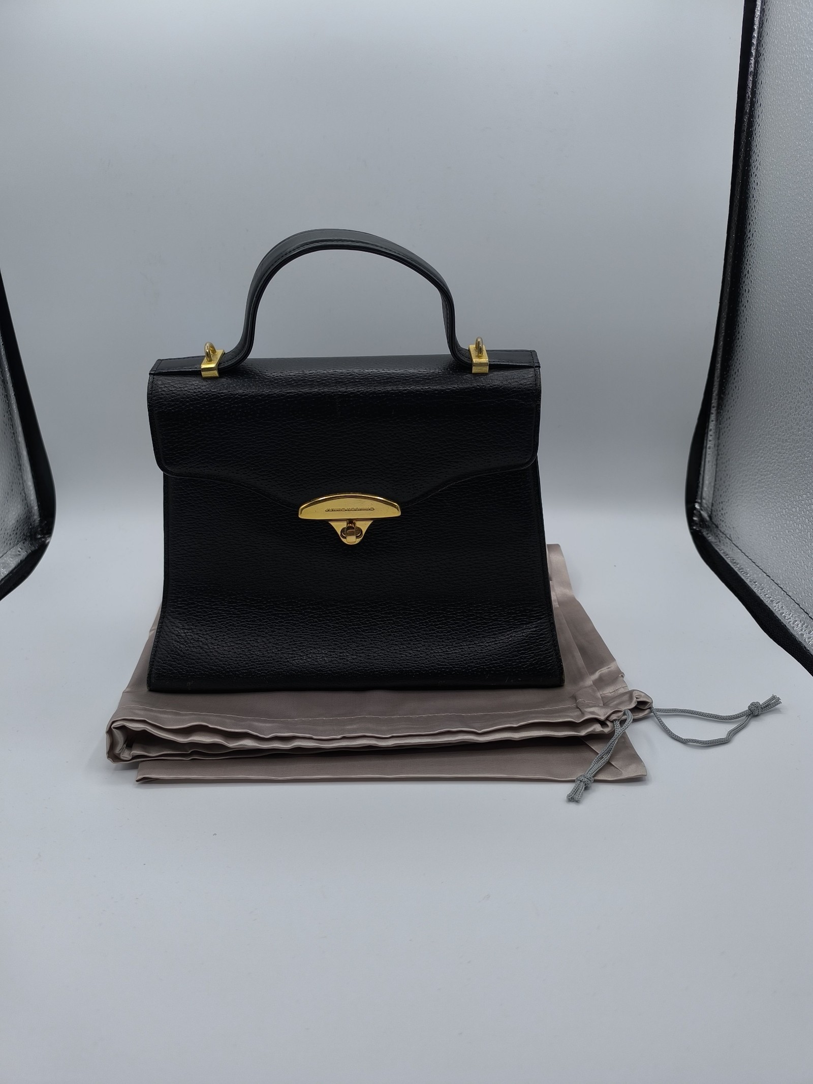 Junko Koshino Black Leather Top Handle Bag Gold Hardware Other