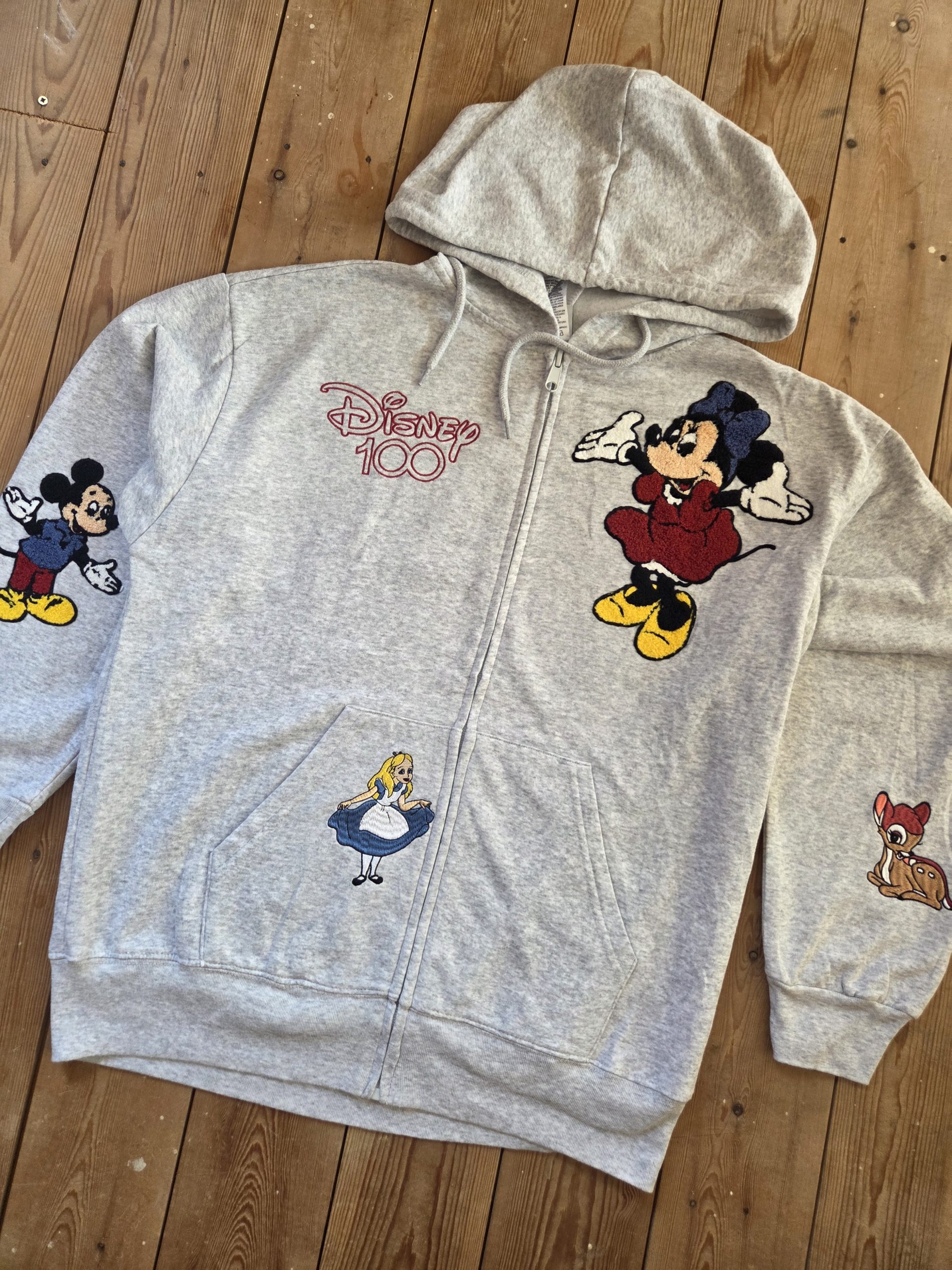 Disney 100 Minnie Mouse Mickey Alice Bambi Grey Zip Hoodie Size M