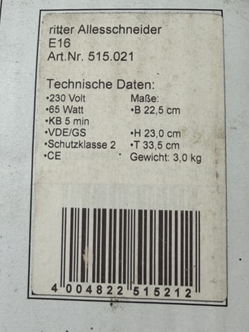 Ritter White Electric Food Slicer E16 65W Made in Germany image 6