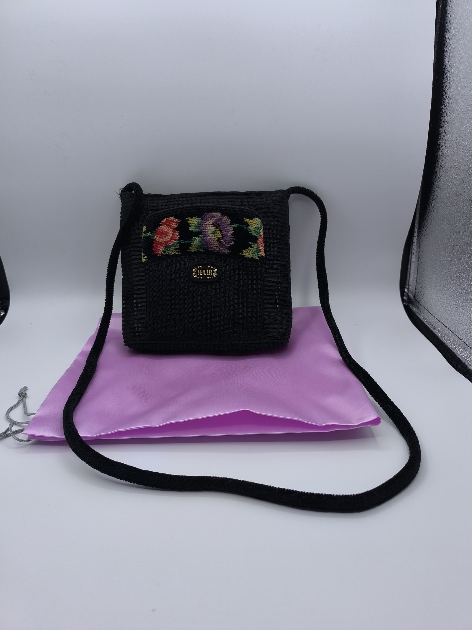 Feiler Black Floral Embroidered Small Crossbody Bag Other