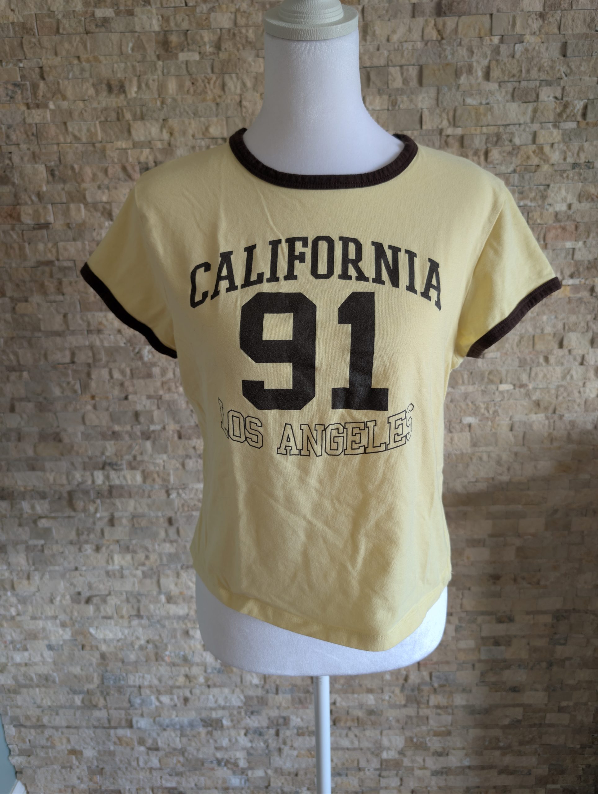 Starlet Yellow & Brown Retro California 91 Graphic Baby Tee Stretch Small 90s Y2K