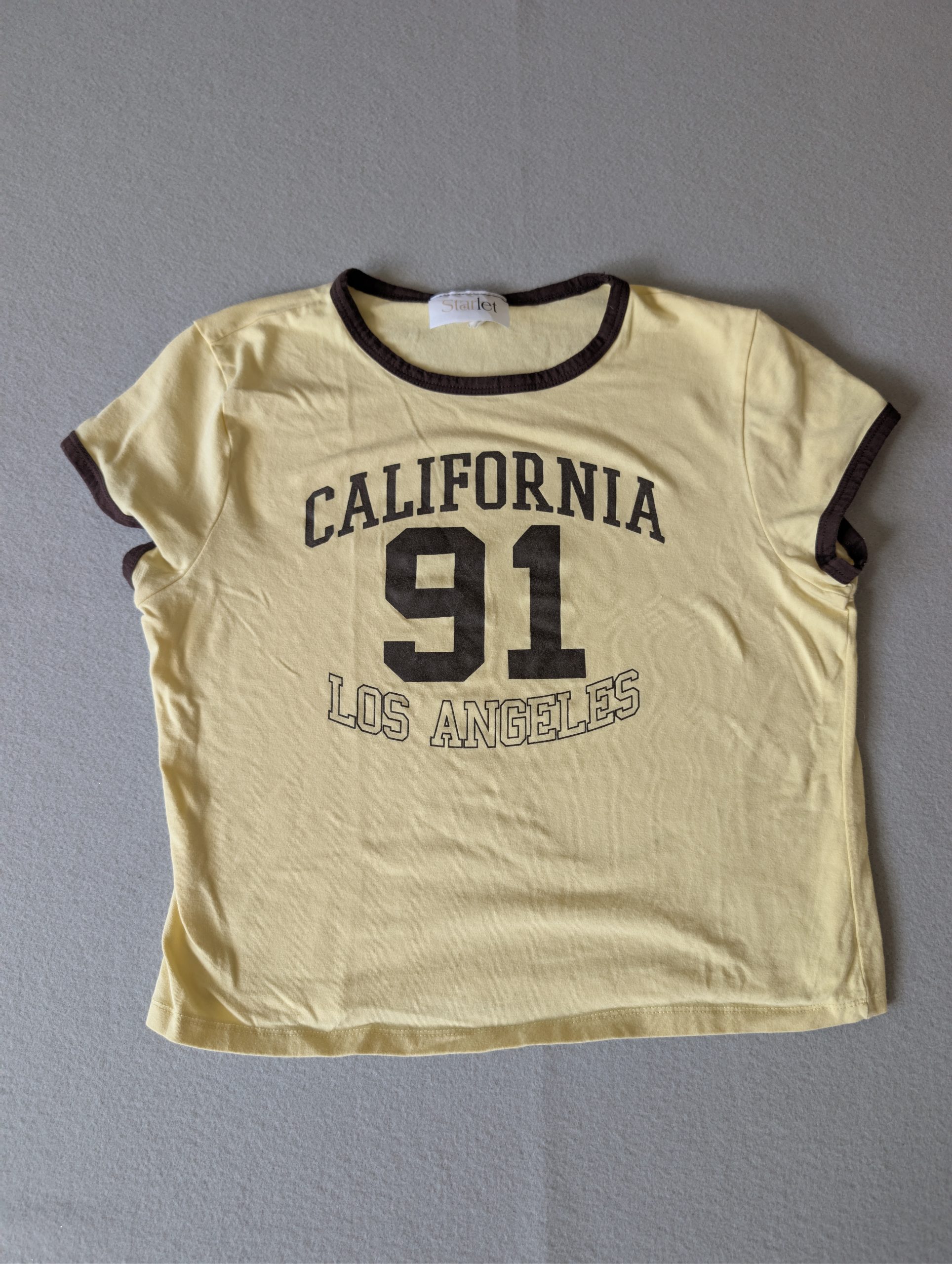 Starlet Yellow & Brown Retro California 91 Graphic Baby Tee Stretch Small 90s Y2K image 4