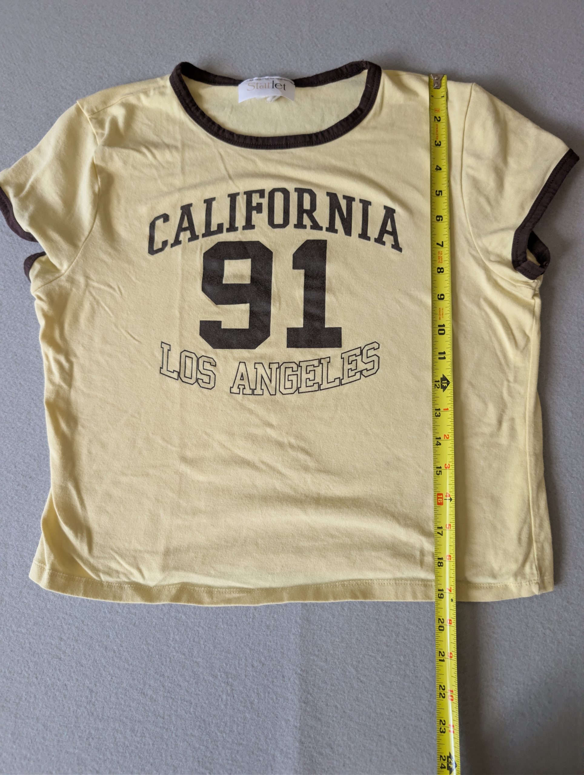 Starlet Yellow & Brown Retro California 91 Graphic Baby Tee Stretch Small 90s Y2K image 5