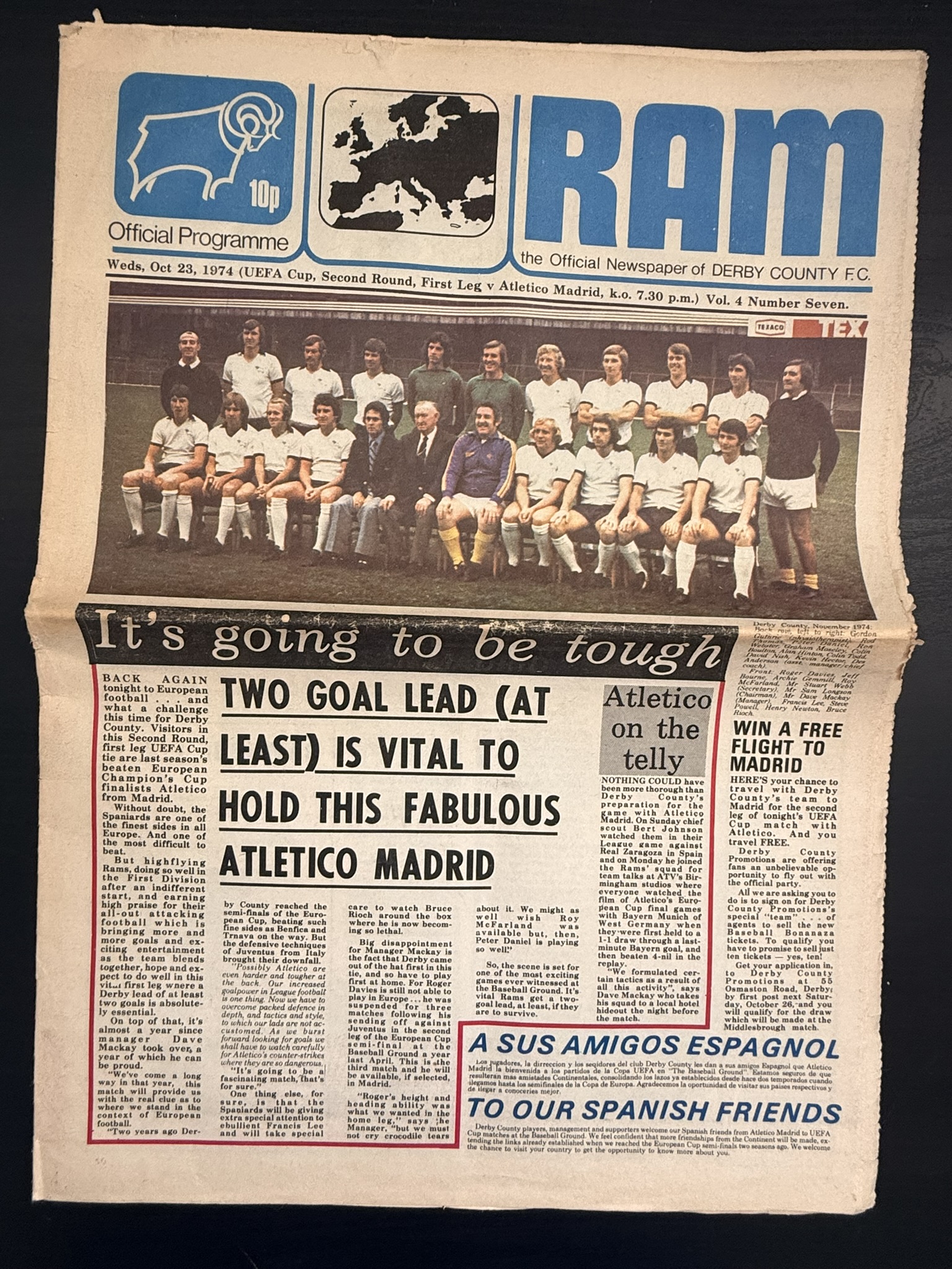 Derby County Ram Official Newspaper 1974 Football Programme Atletico Madrid