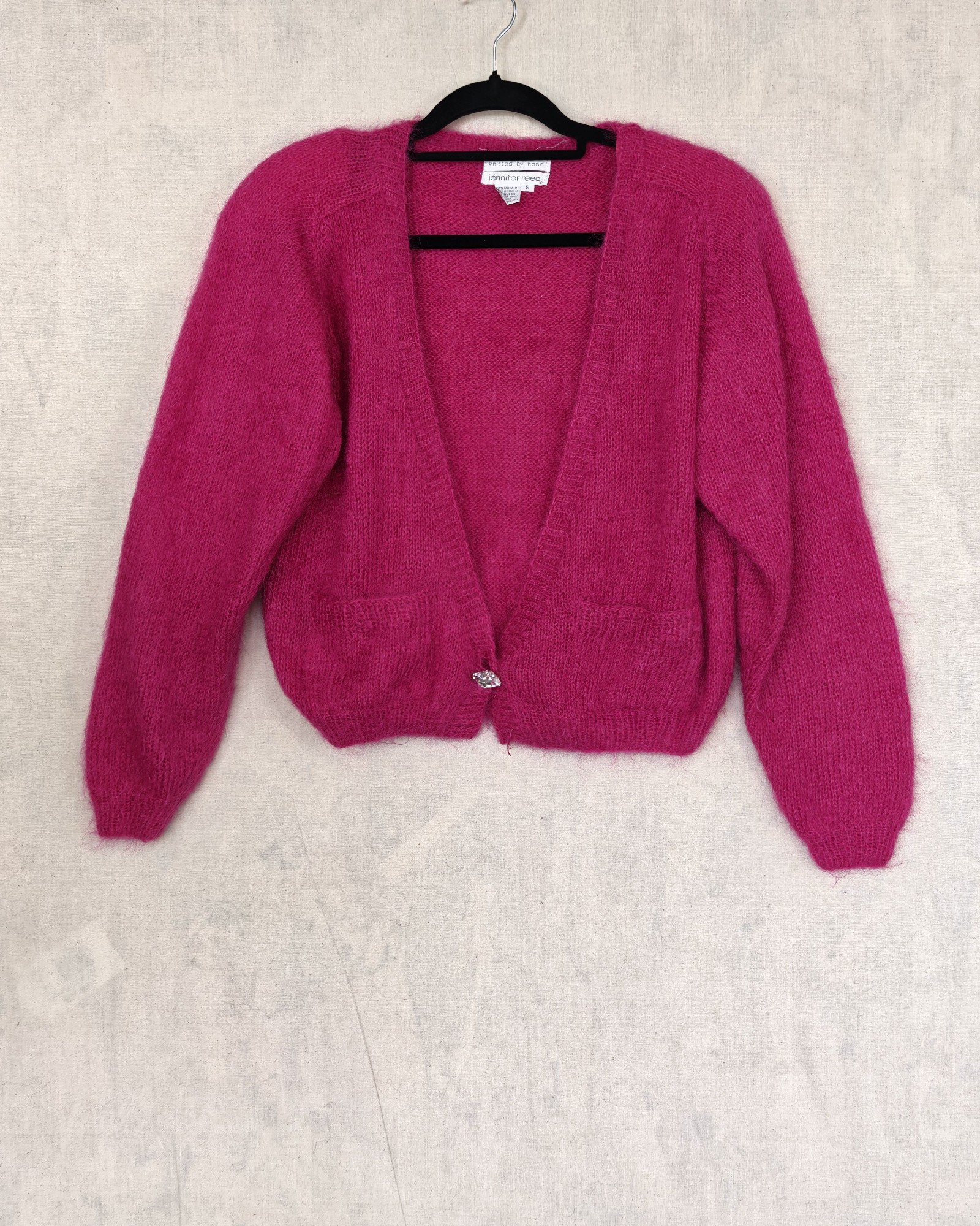 Jennifer Reed Pink Mohair Blend Cardigan Small Crystal Button