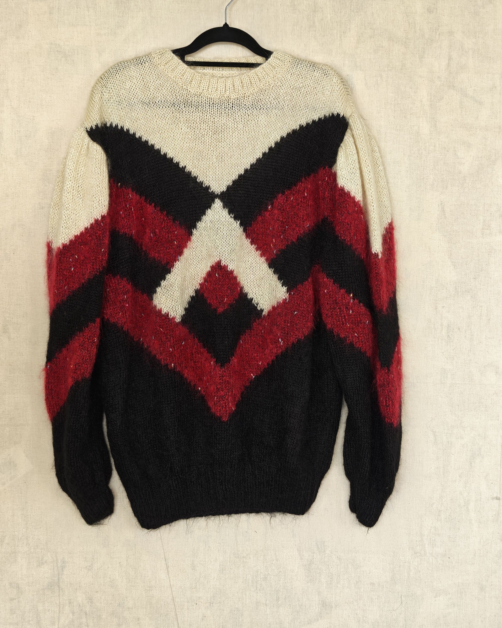 Red, Black & White Geometric Pattern Knit Sweater Large