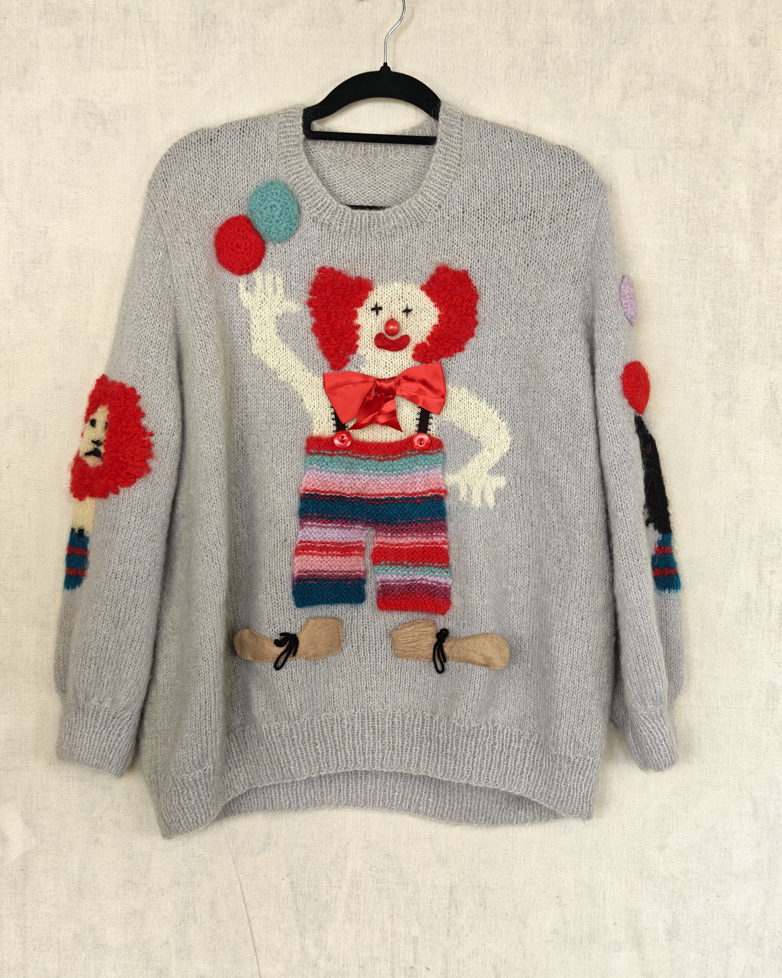 Grey Clown Motif Wool Knit Jumper Large Multicolour