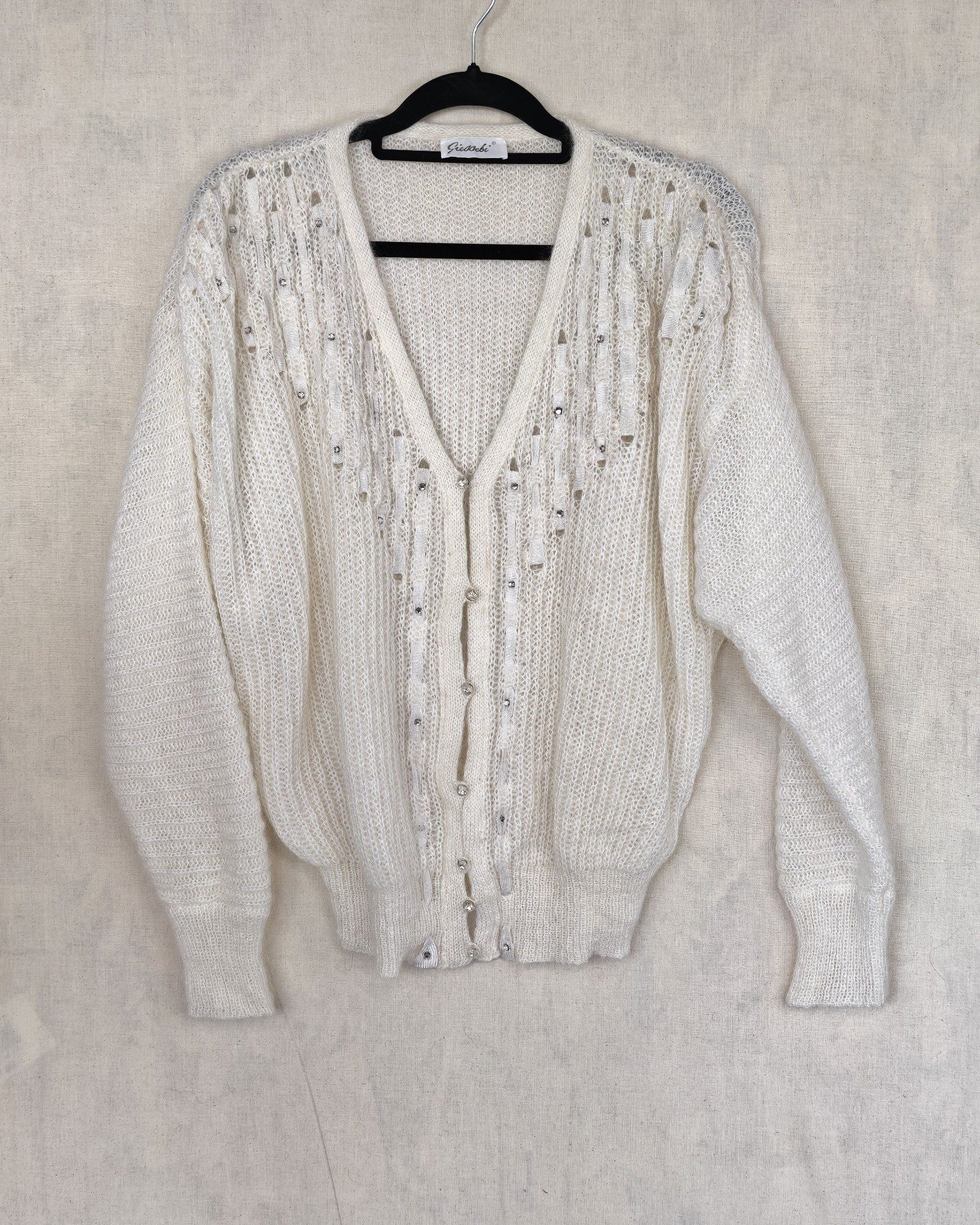 Giessebi Cream Beaded Soft Woolen Knitted Cardigan