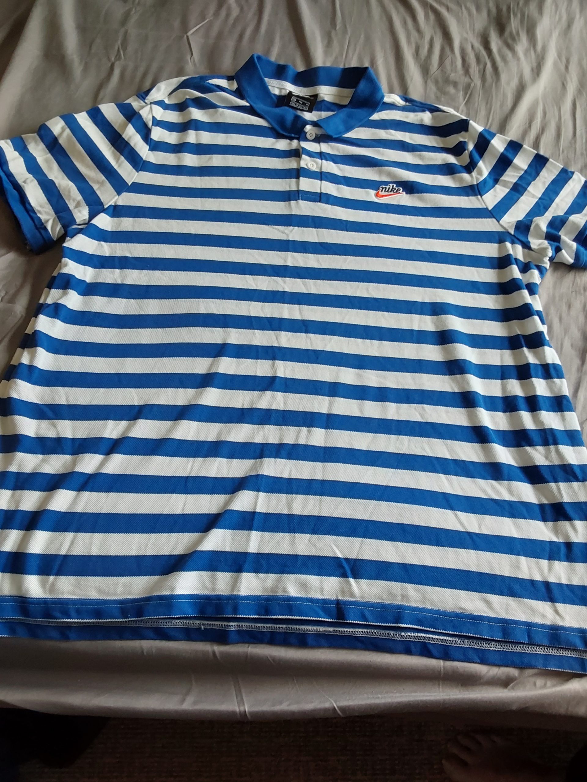 Nike White & Blue Striped Polo Shirt XXL 2XL Cotton Logo Embroidered