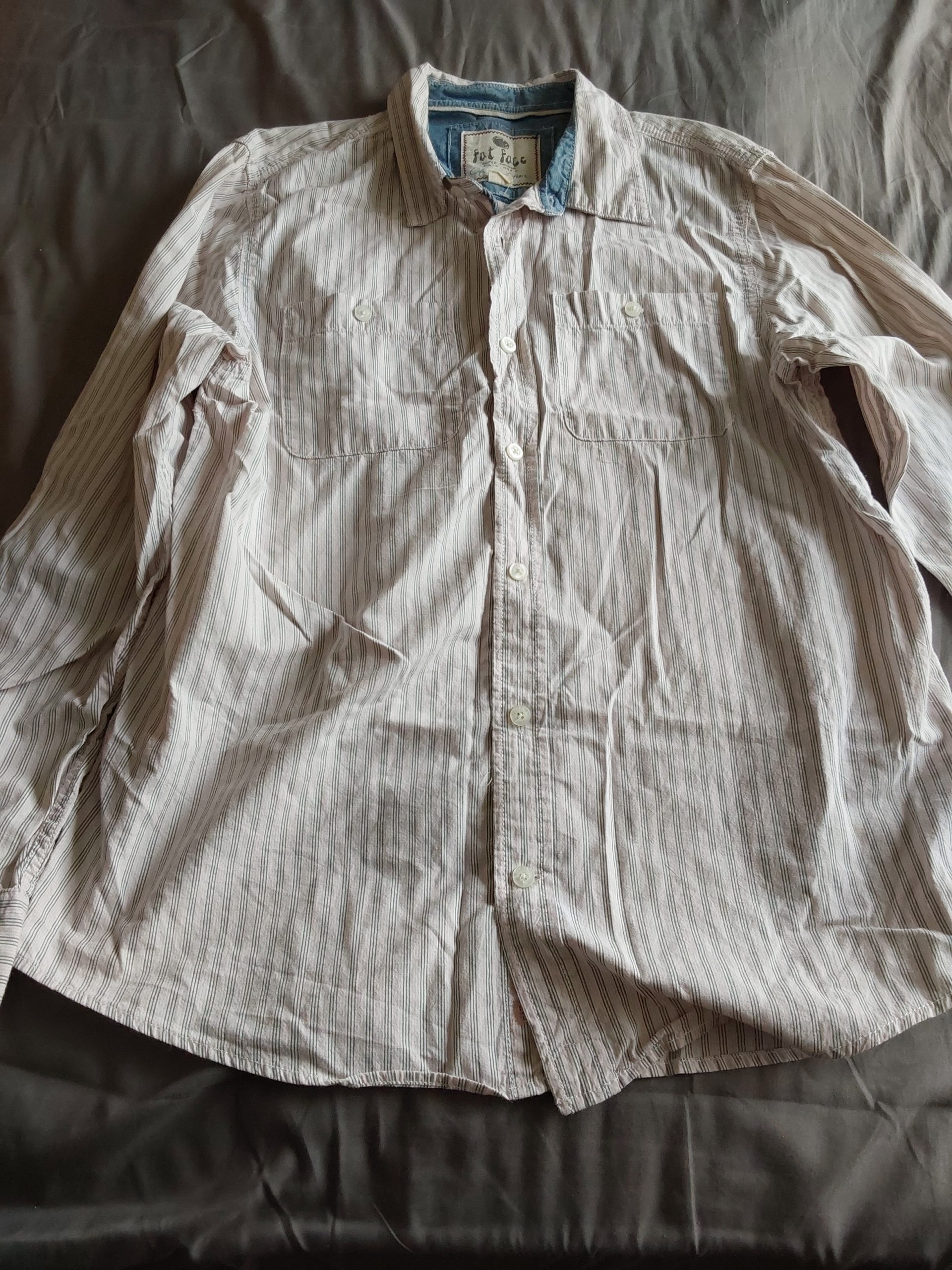 Fat Face Men's White & Grey Striped Cotton Shirt Large Long Sleeved