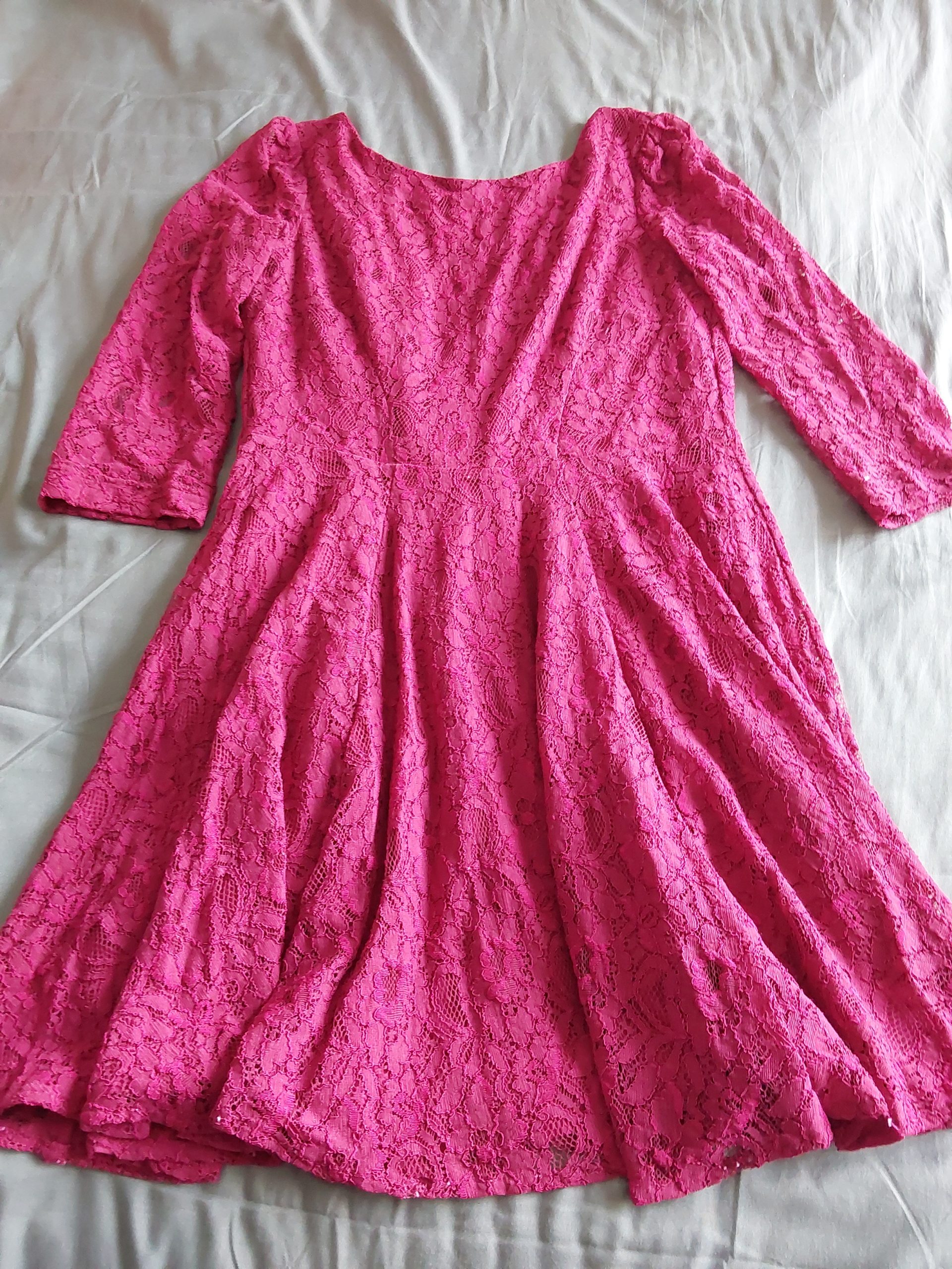 Oasis Pink Lace Dress UK 10 Half Sleeve Fitted Waist Embroidered Stunning