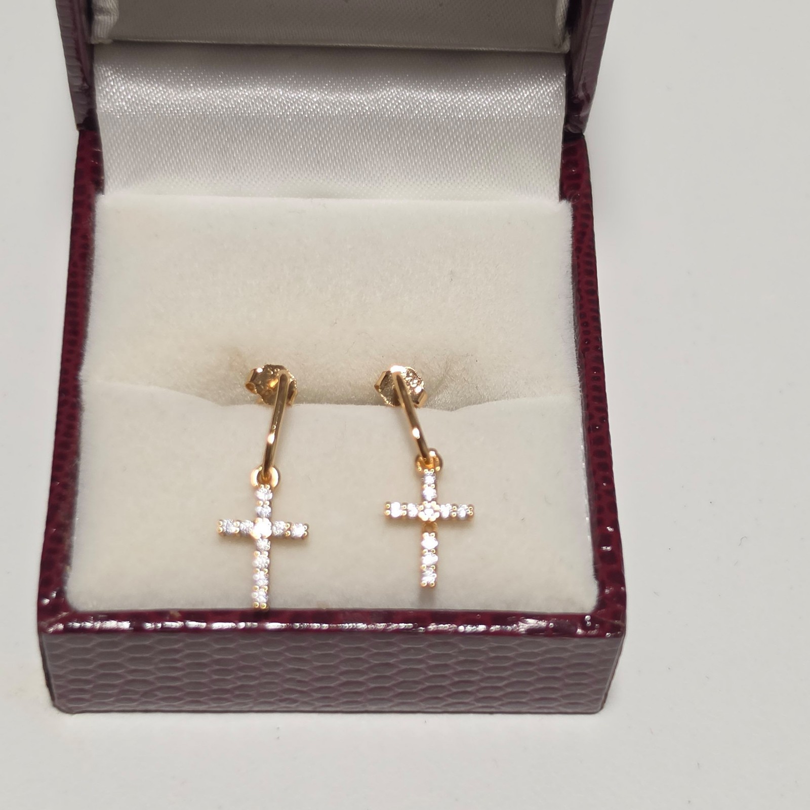 925 Gold Tone Cross Dangle Earrings with White Stones.b4 image 2