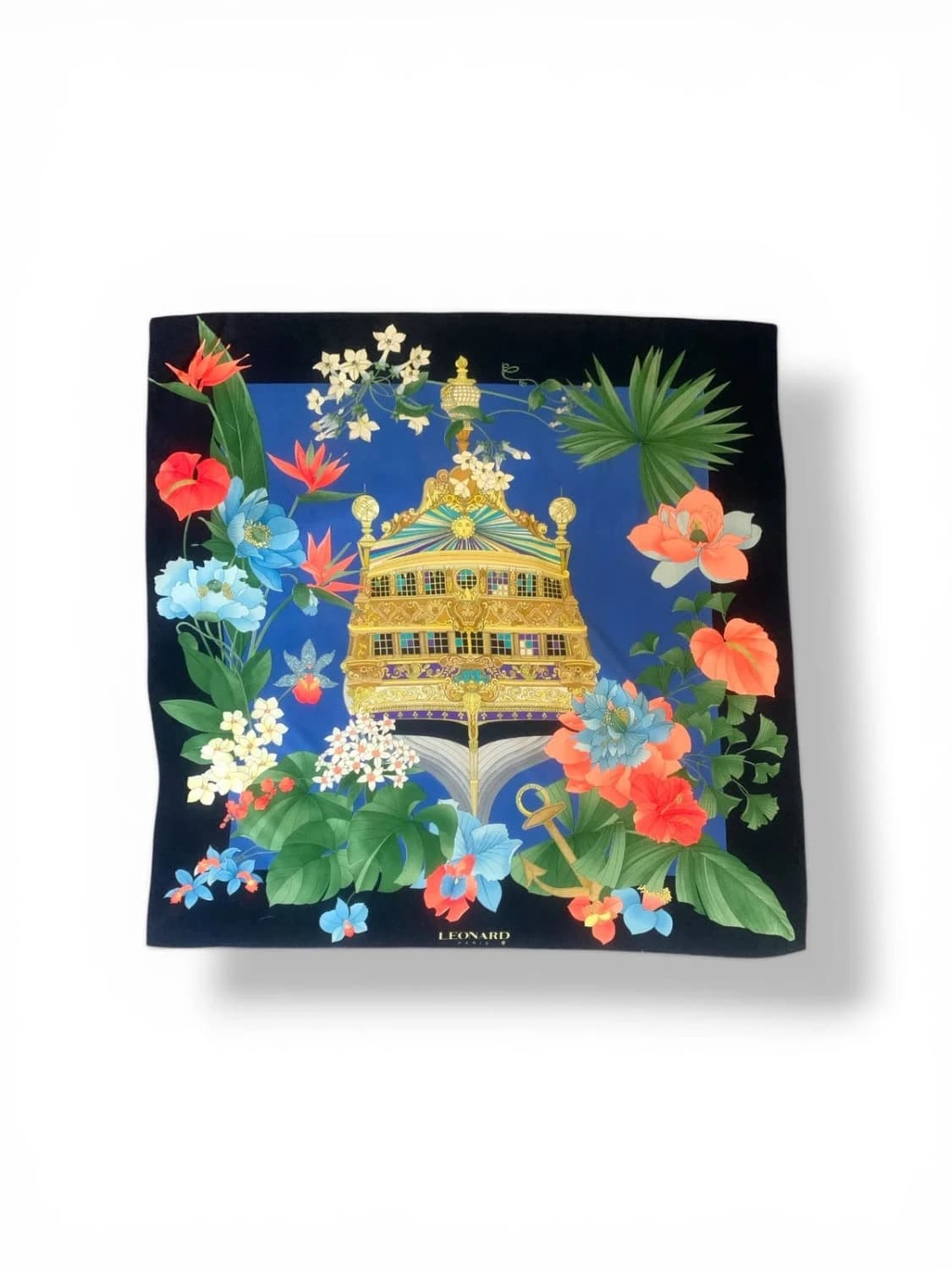 Foulard carré en soie noire multicolore Leonard Paris, motif floral Galleon, 90 cm