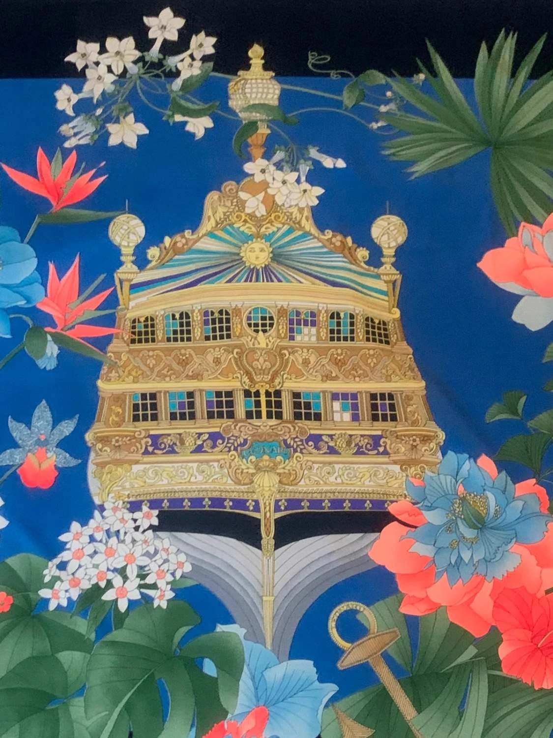 Foulard carré en soie noire multicolore Leonard Paris, motif floral Galleon, 90 cm image 2