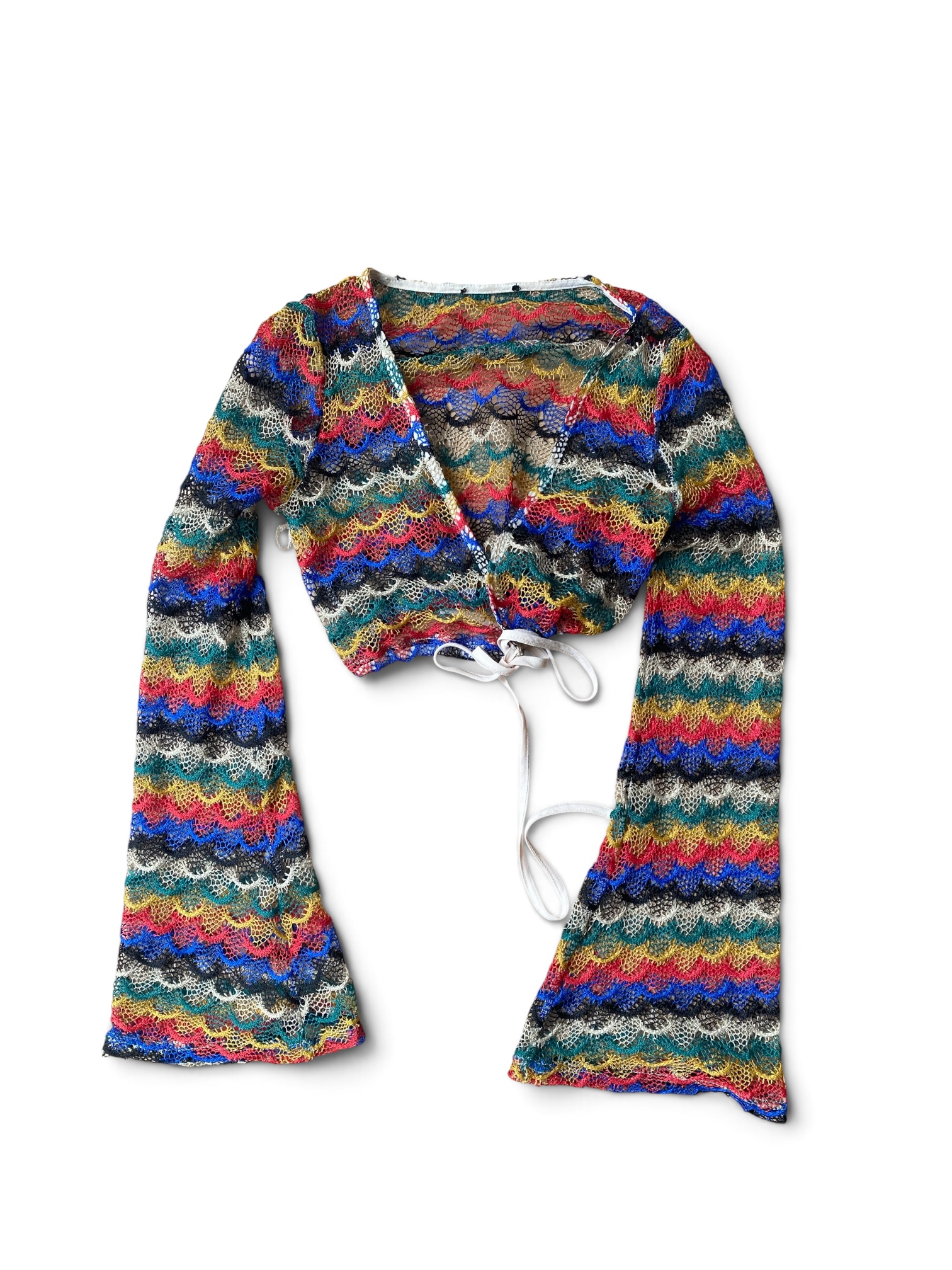 Vintage Multicolour Rainbow Crochet Tie-Front Crop Top Flared Sleeve Small