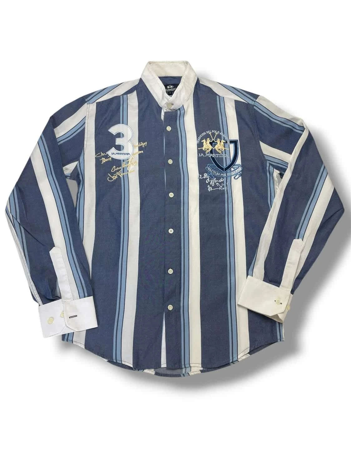 La Martina Chemise Homme Bleu Marine & Blanc Rayée Polo - taille Large image 2
