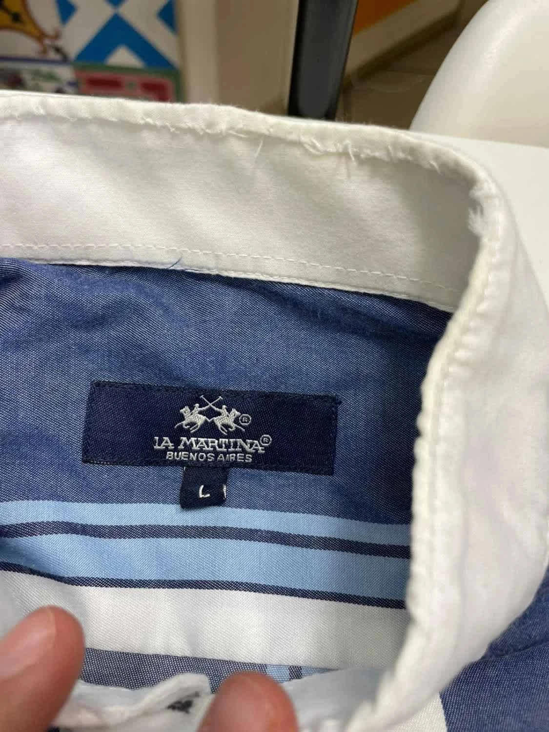 La Martina Chemise Homme Bleu Marine & Blanc Rayée Polo - taille Large image 5