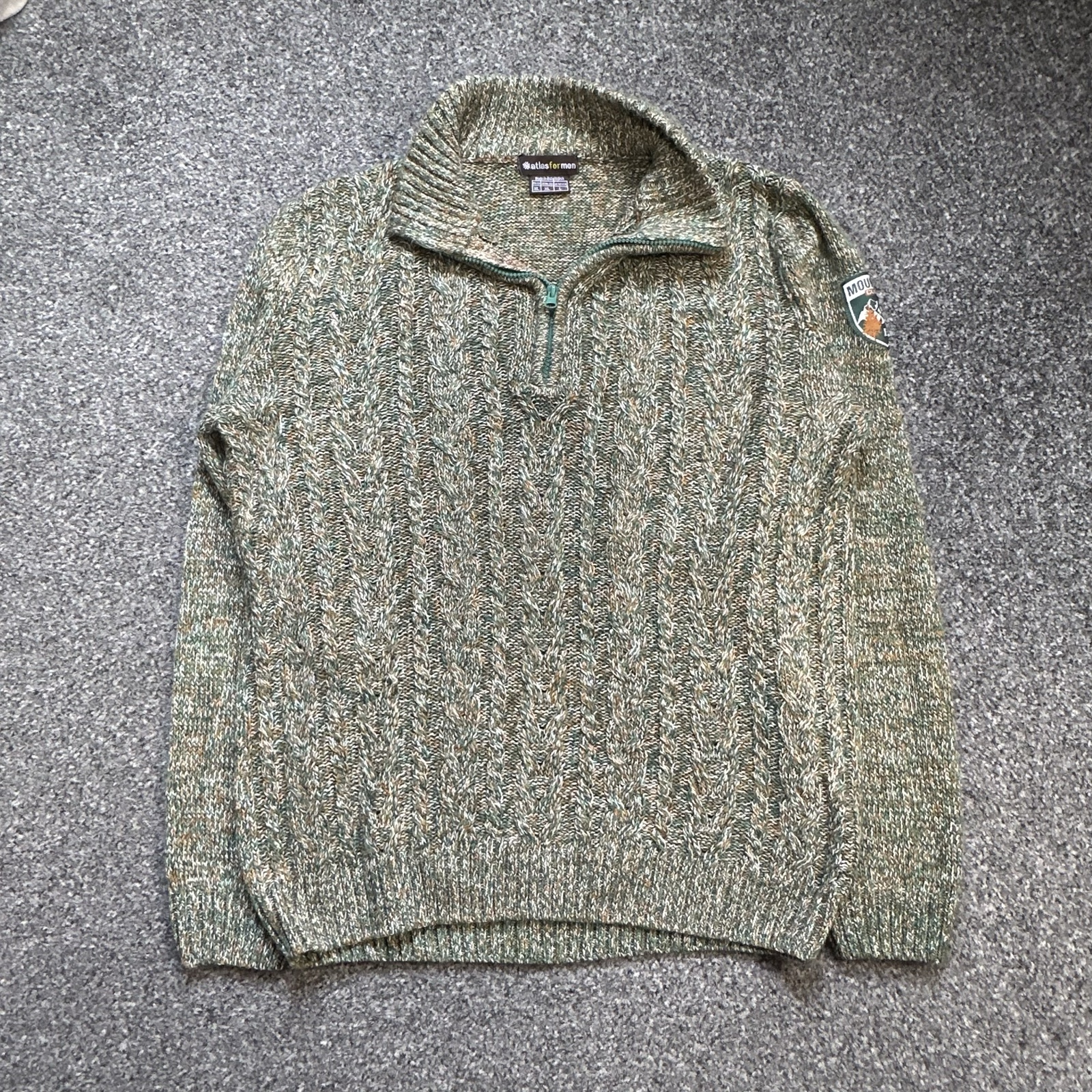 Atlas for Men cable knit quarter zip jumper green marl outdoor