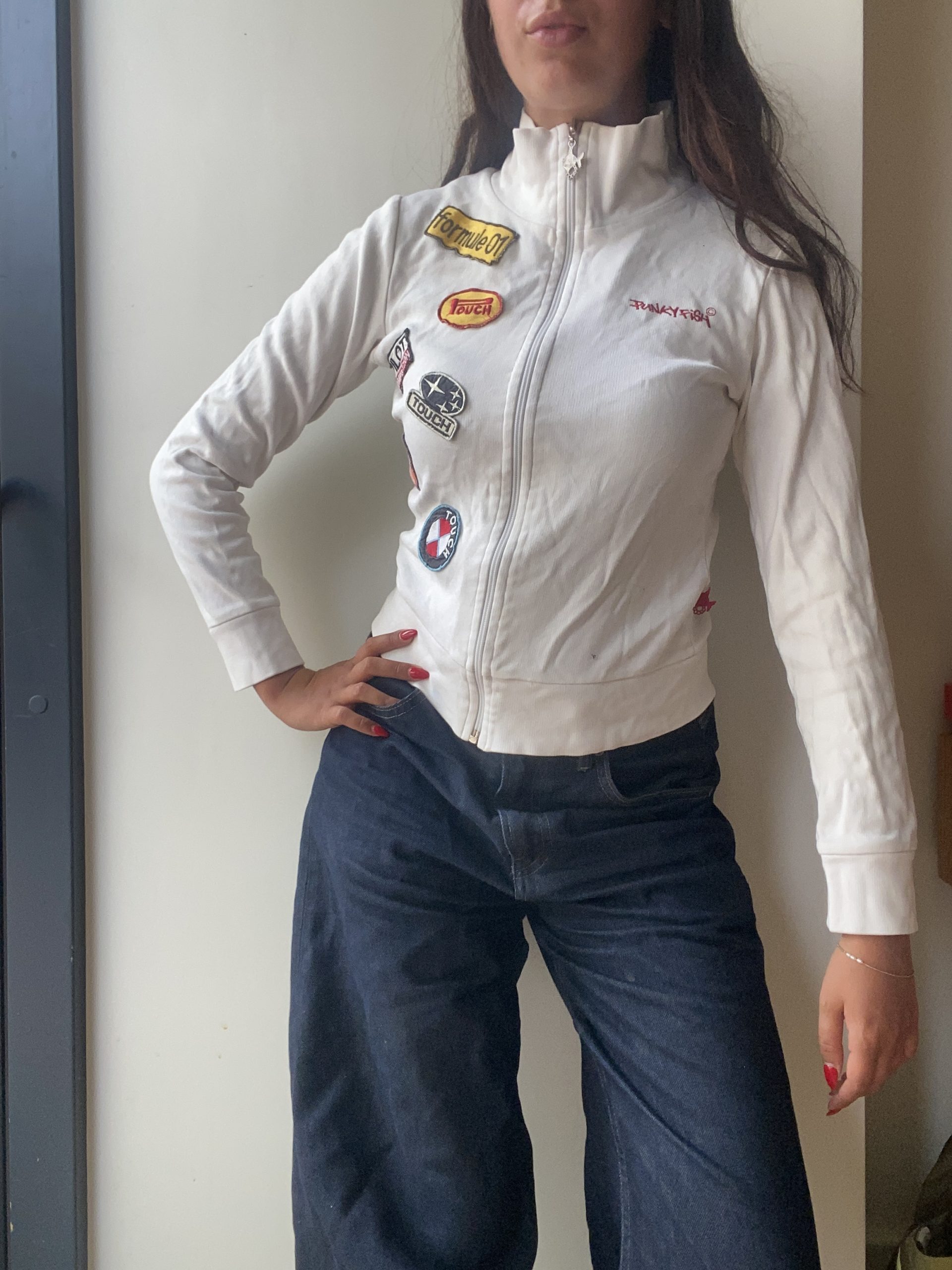 Punkyfish White Cotton Full Zip Jacket Small with Embroidered Patches image 2