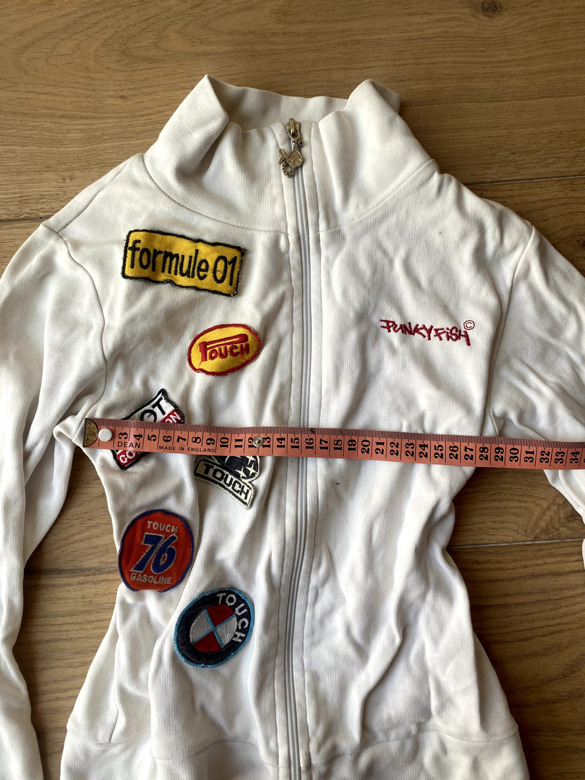 Punkyfish White Cotton Full Zip Jacket Small with Embroidered Patches image 9