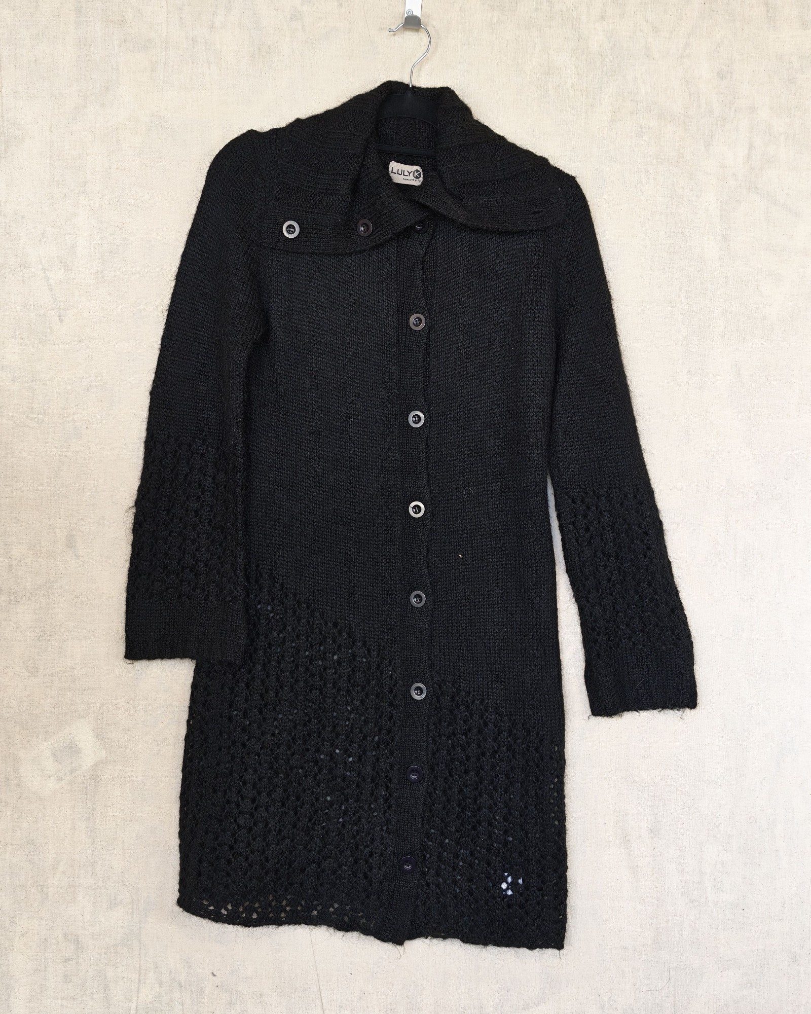 LulyK Black Knit Button-Up Long Cardigan Medium Acrylic Mohair