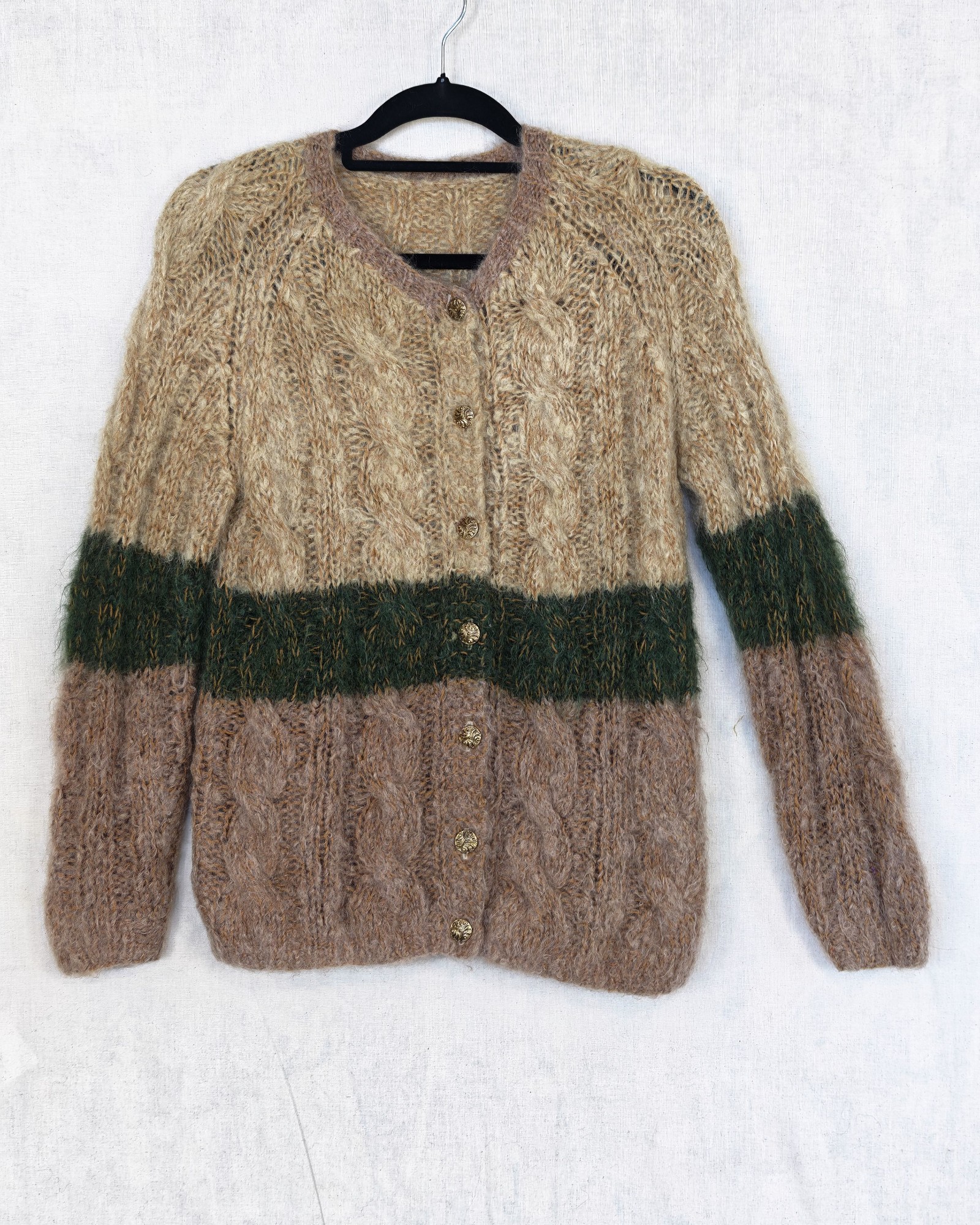 Beige, Green & Brown Cable Knit Wool Cardigan Medium