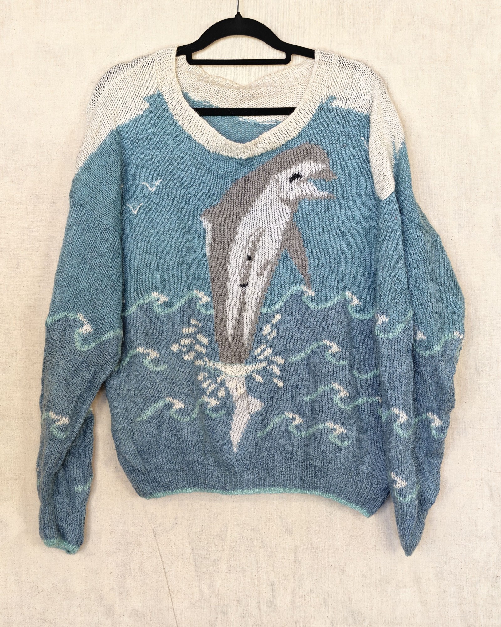 Blue & White Dolphin Pattern Knit Sweater Large