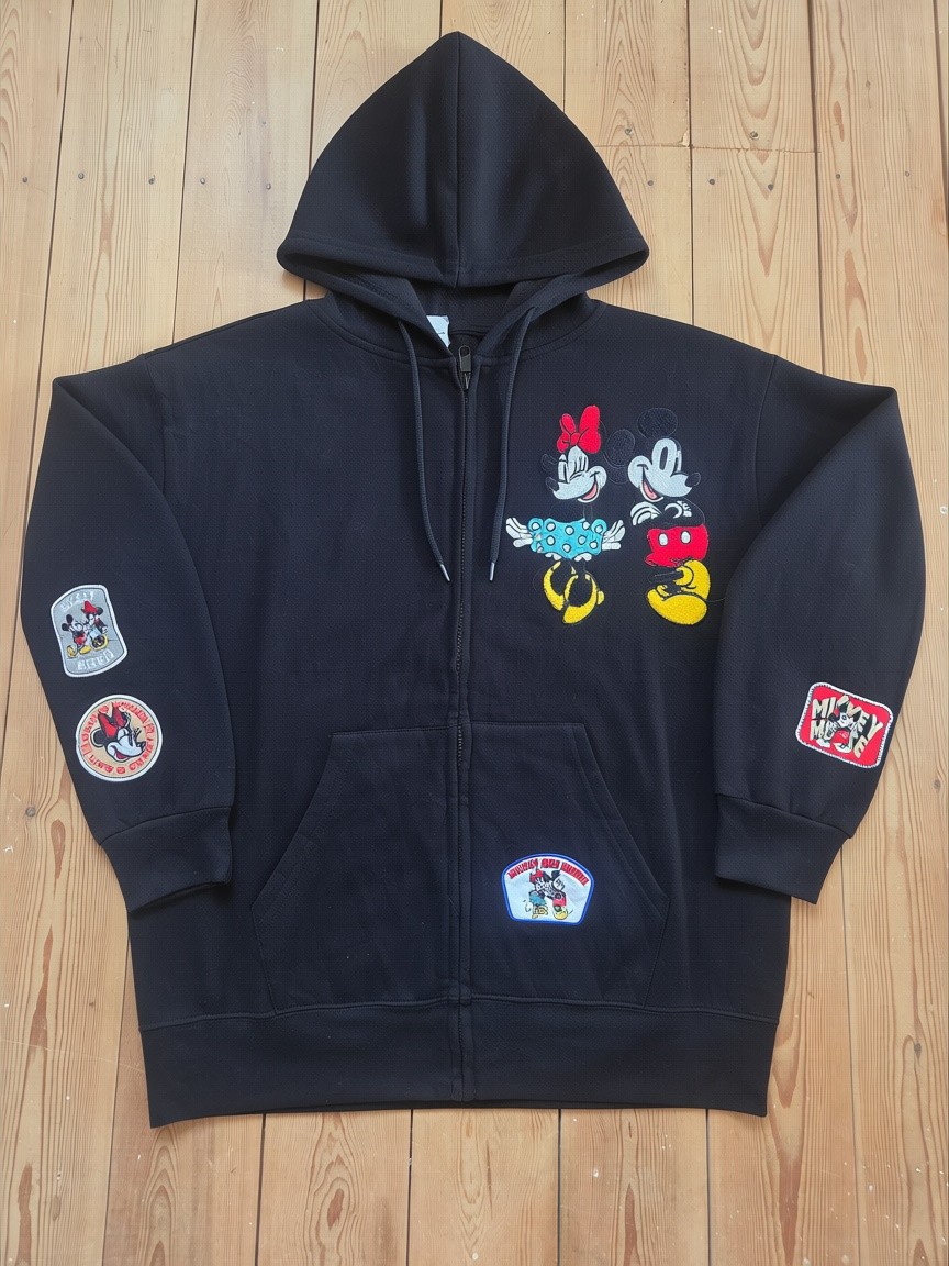 Disney Mickey & Minnie Mouse Embroidered Patch Black Zip Hoodie Size L