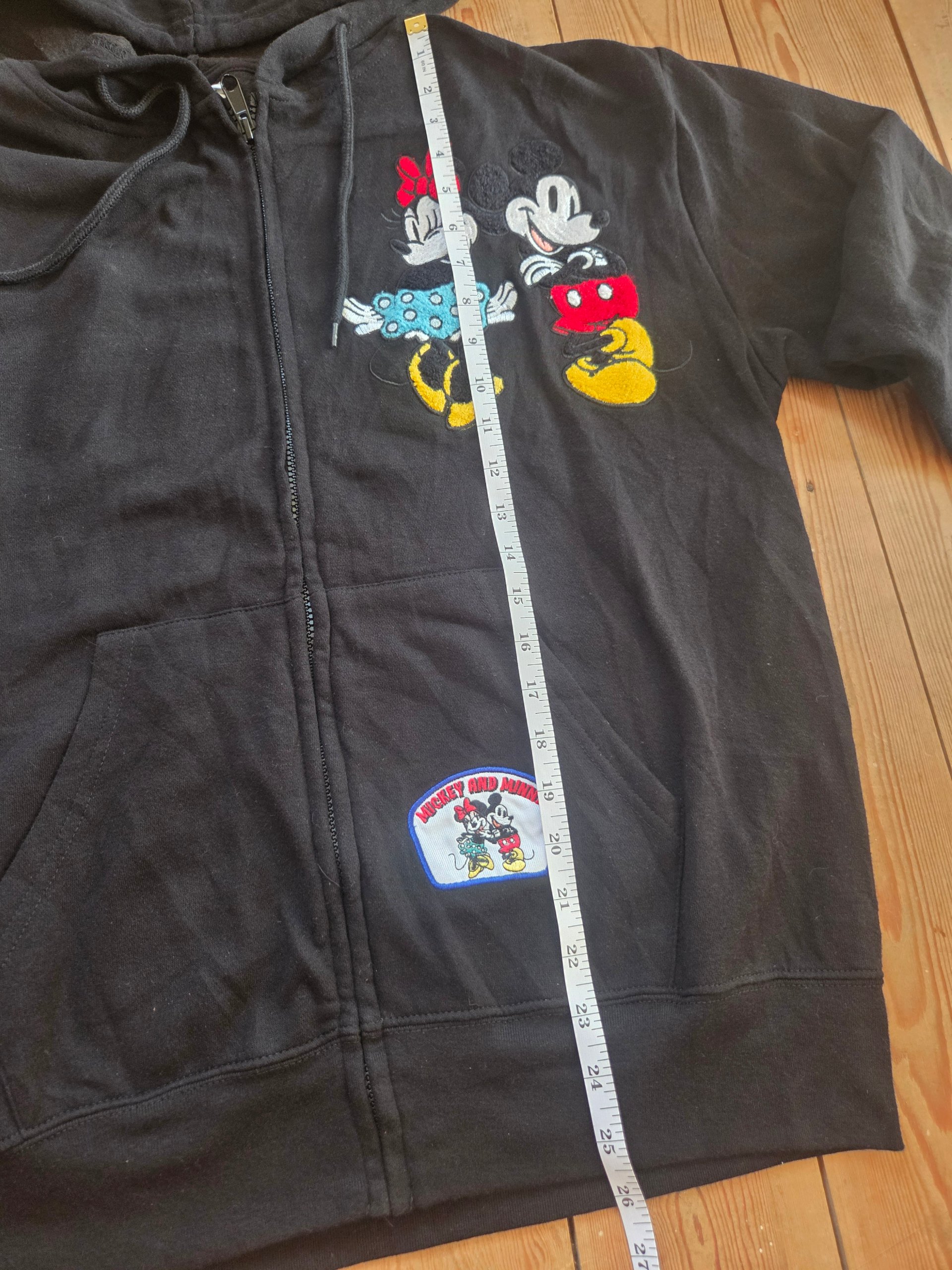 Disney Mickey & Minnie Mouse Embroidered Patch Black Zip Hoodie Size L image 3