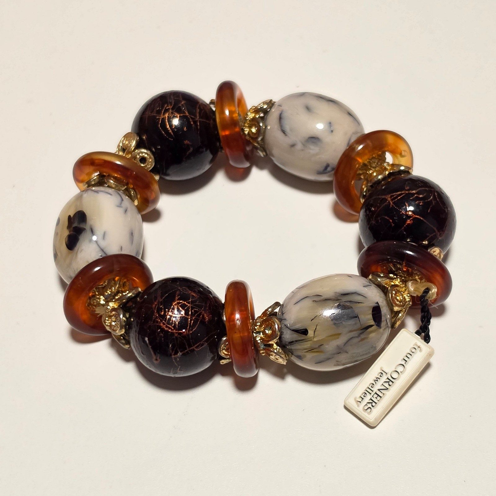 Four Corners Brown & White Beaded Bracelet .b4