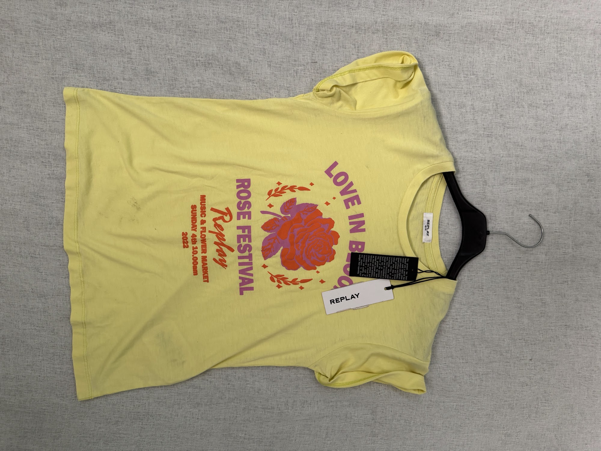 Camiseta Replay Rose Festival mujer – Amarillo lima, estampado gráfico, nueva