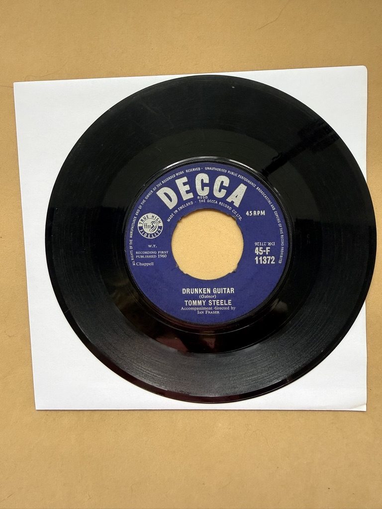 Tommy Steele Black Decca Vinyl Single 45 RPM Drunken Guitar / Writing on the Wall 7"