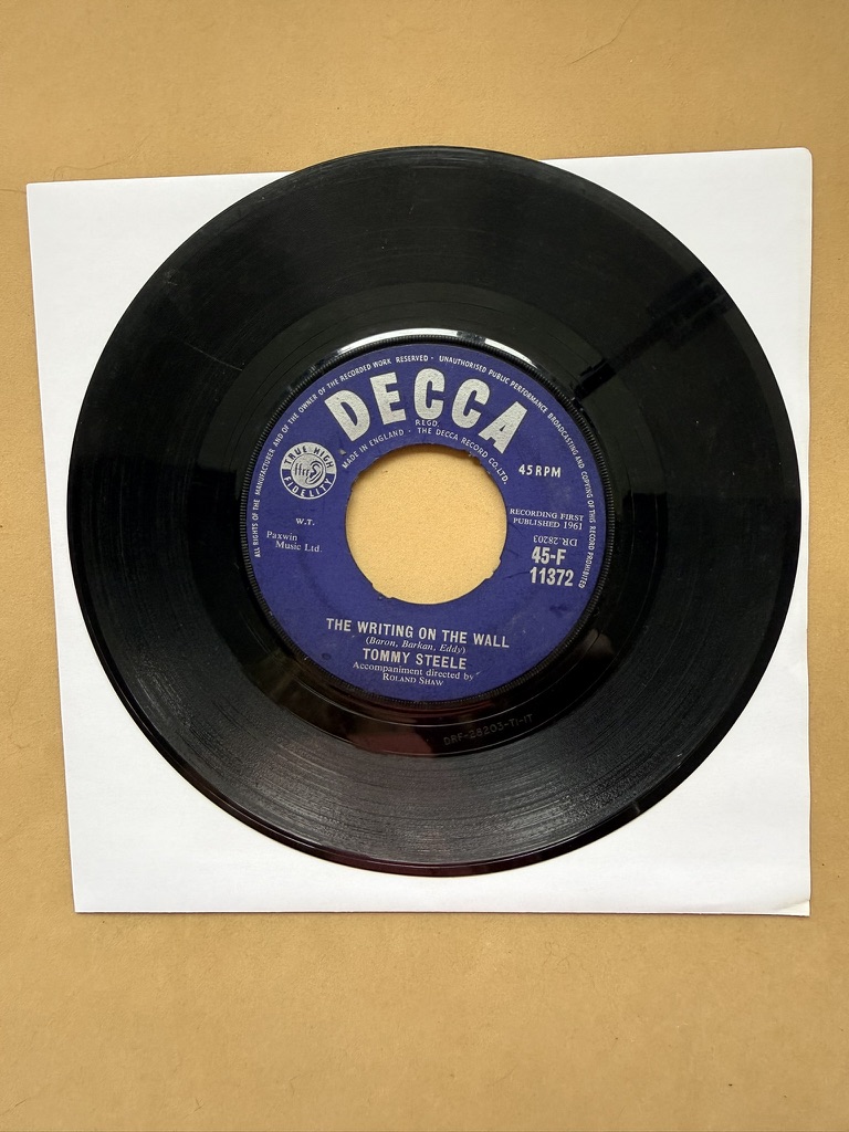 Tommy Steele Black Decca Vinyl Single 45 RPM Drunken Guitar / Writing on the Wall 7" image 2