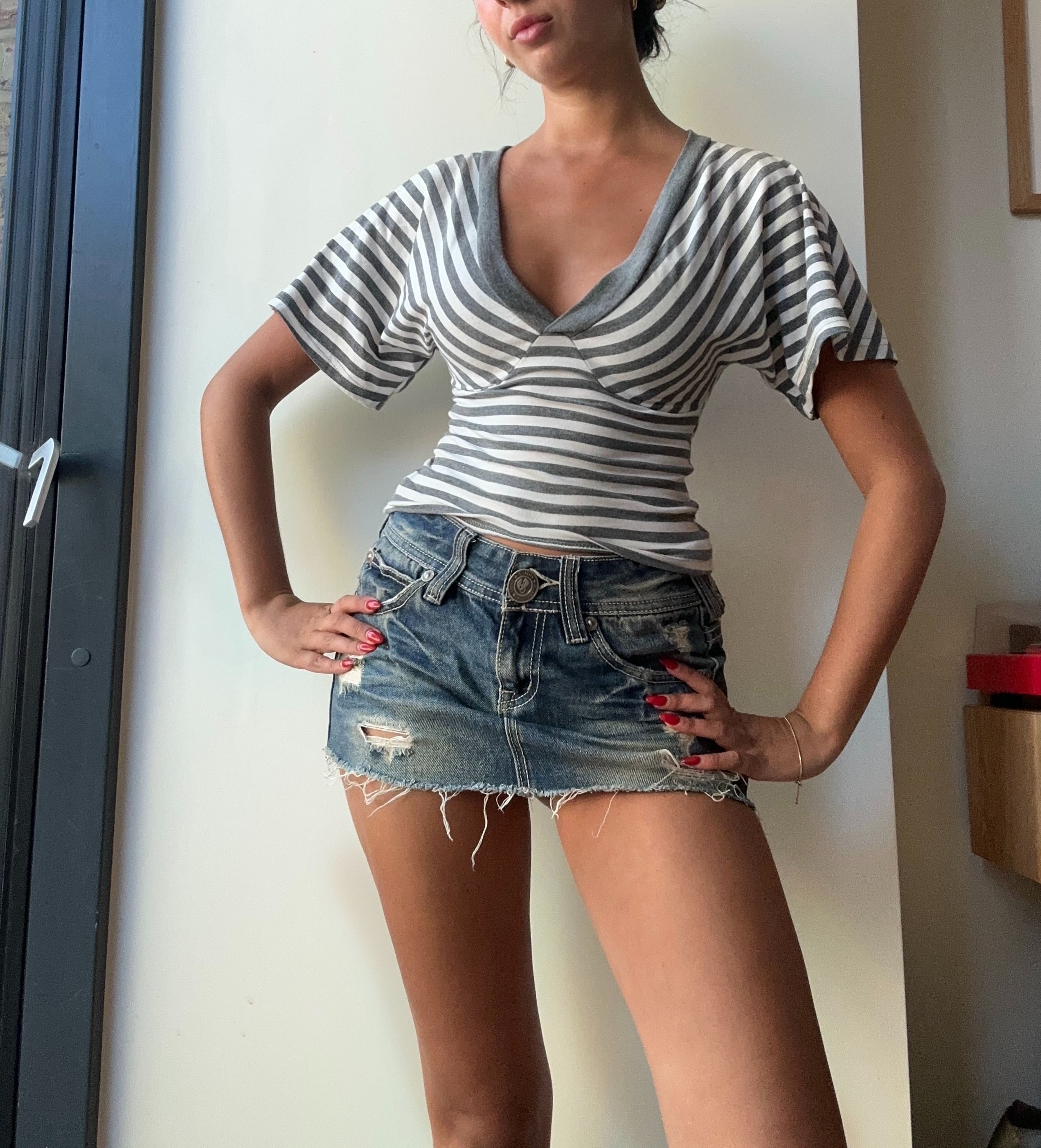 Vintage Y2K Tribe Blue Distressed Denim Mini Skirt Small