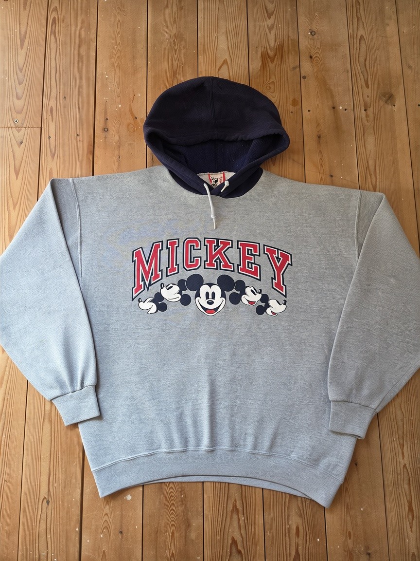 Vintage 90s Disney Designs Mickey Mouse Grey Navy Hoodie USA Made XL