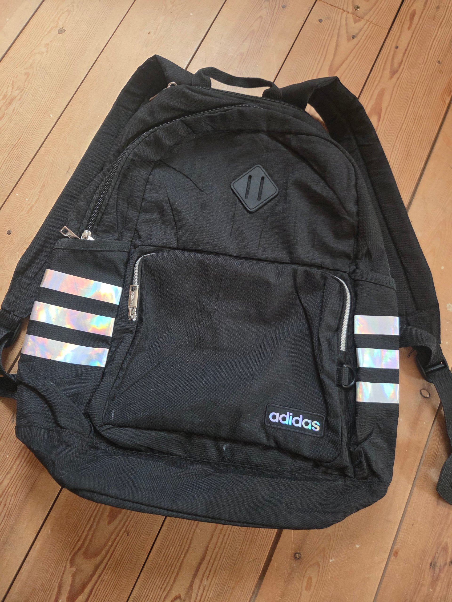 Adidas Classic 3-Stripes Iridescent Black Backpack Holographic School Gym Bag