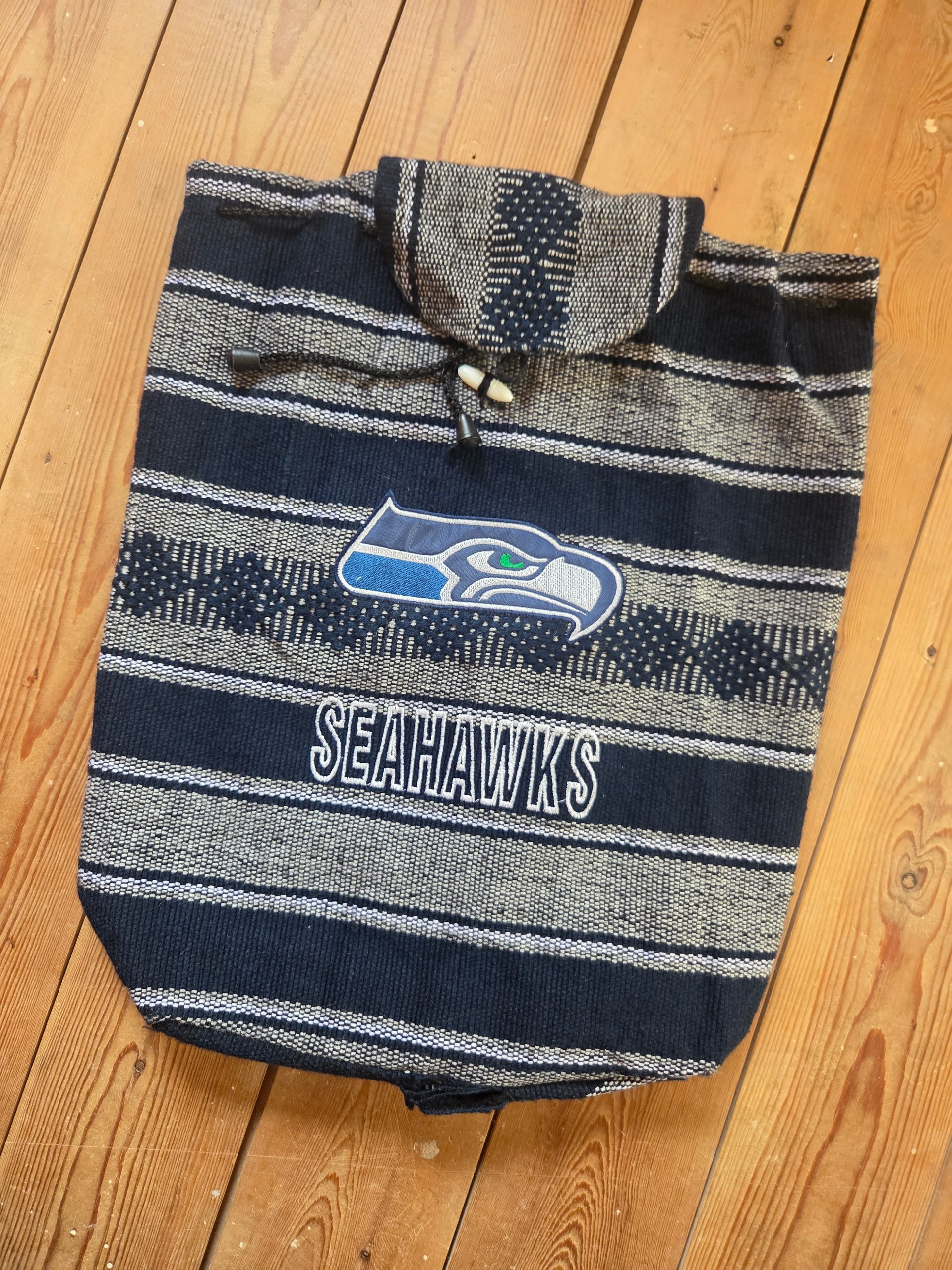Seattle Seahawks Woven Baja Mexican Style Backpack Navy Grey Embroidered Logo