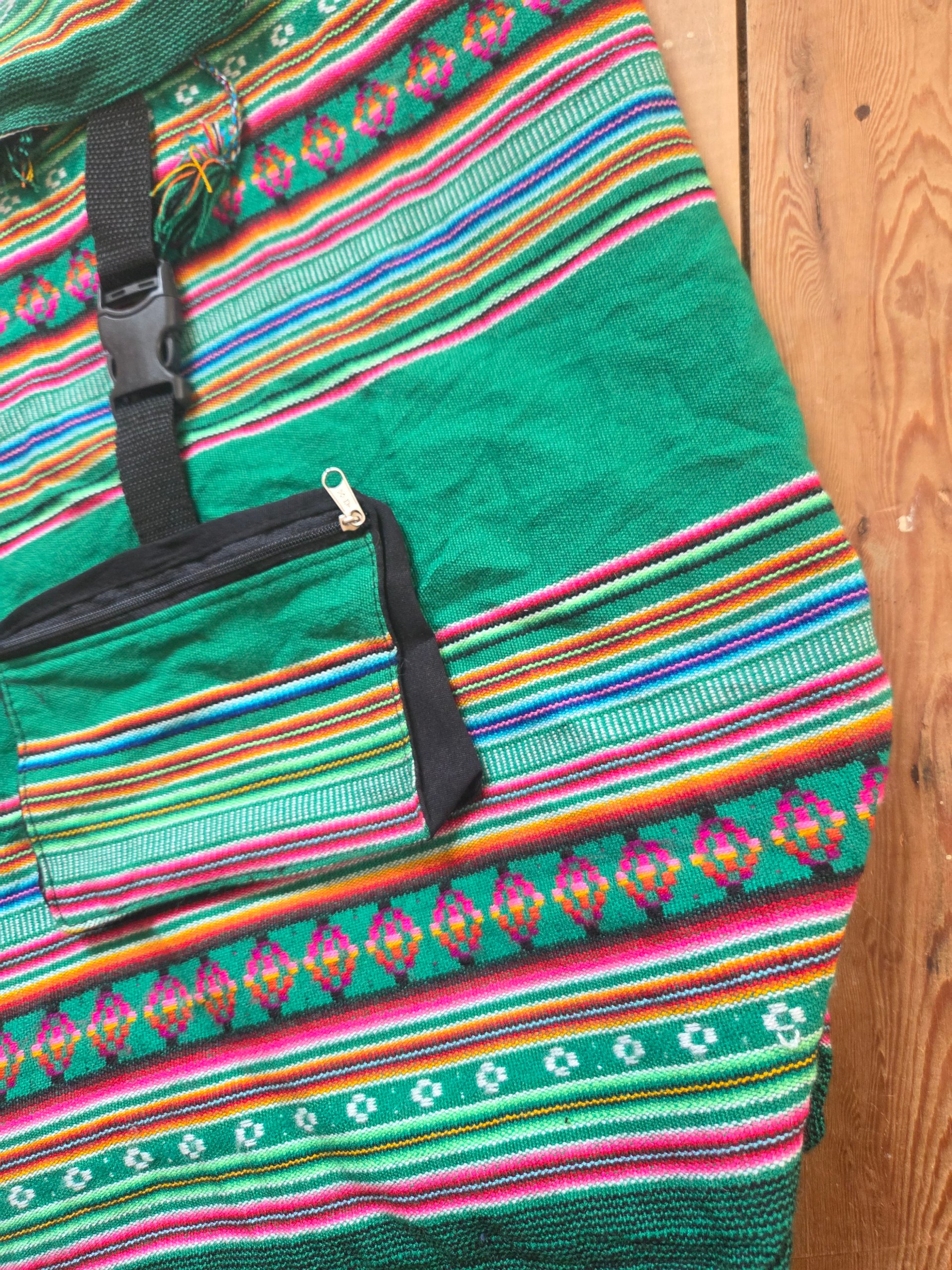 Green Multicolour Woven Tribal Baja Backpack Boho Hippie Festival Rucksack image 6