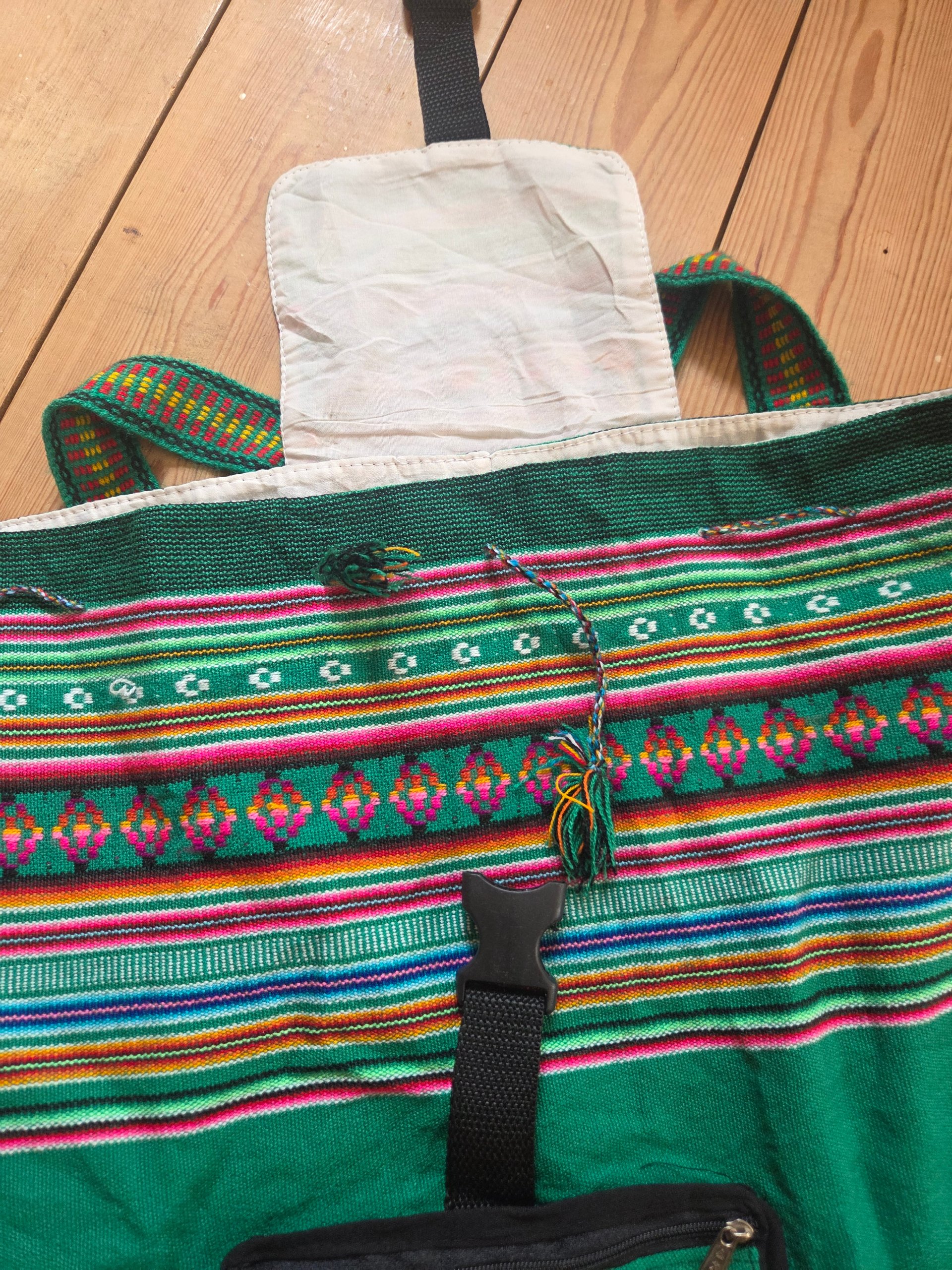 Green Multicolour Woven Tribal Baja Backpack Boho Hippie Festival Rucksack image 9