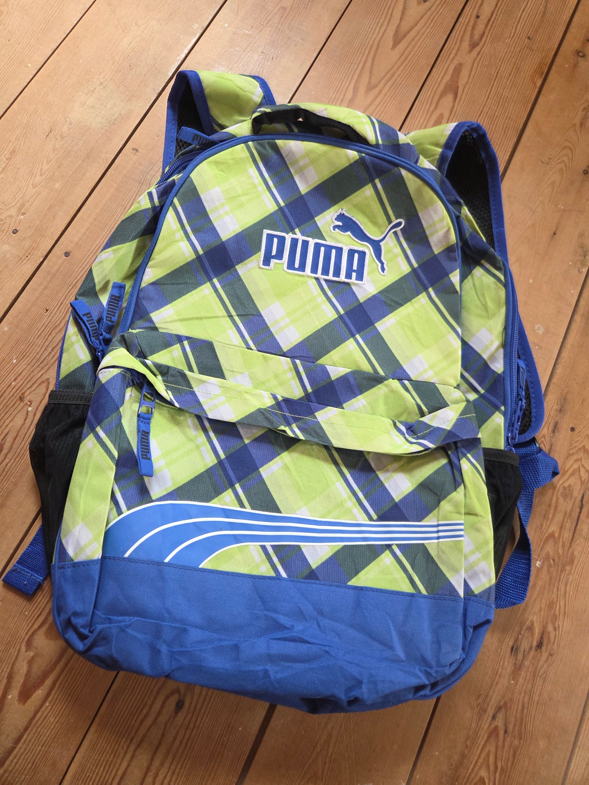 Puma Archetype Canvas Plaid Backpack Green Blue Check School Travel Bag OSFA