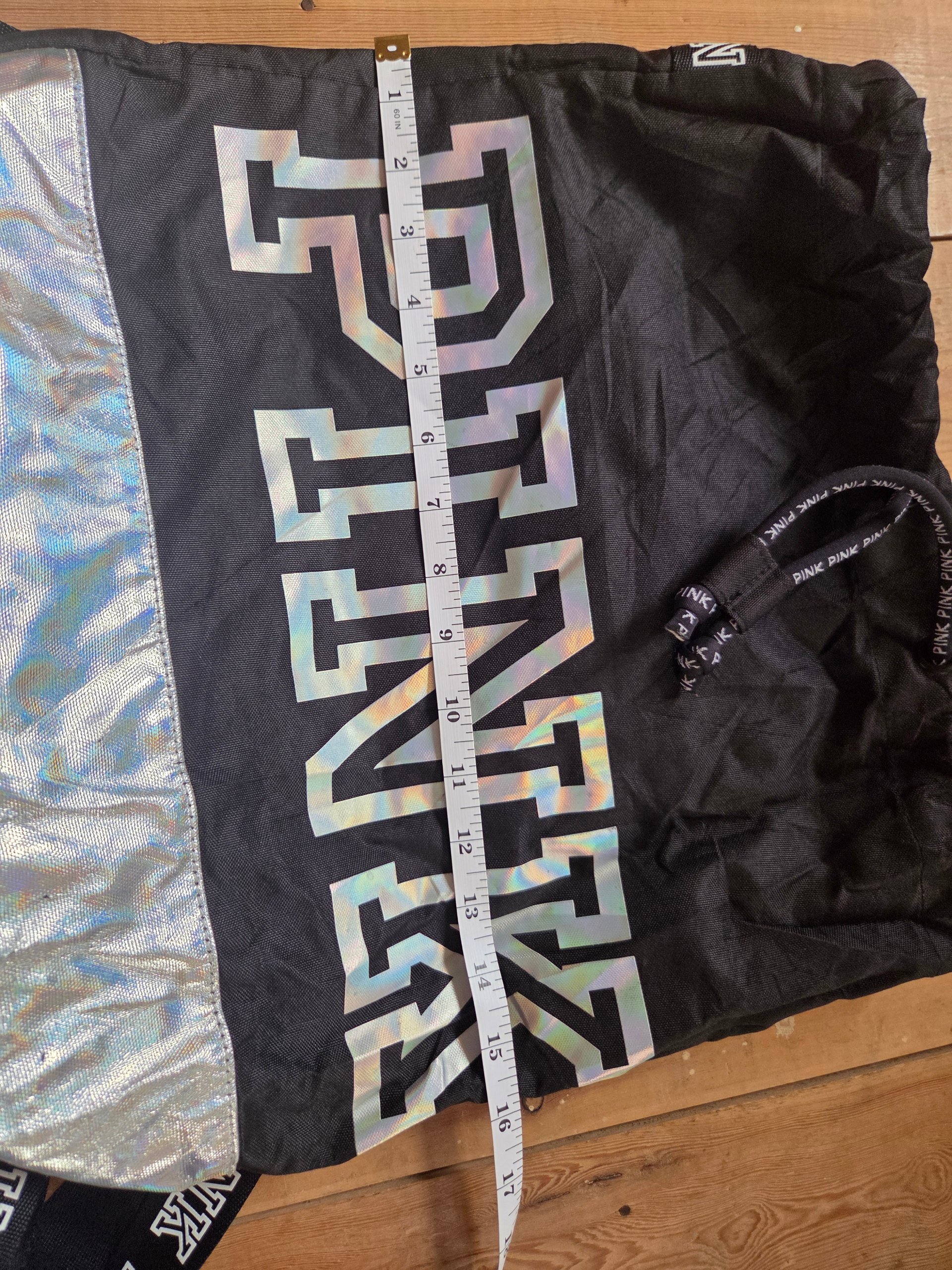 Victoria's Secret PINK Holographic Drawstring Backpack Black Silver Gym Bag image 4