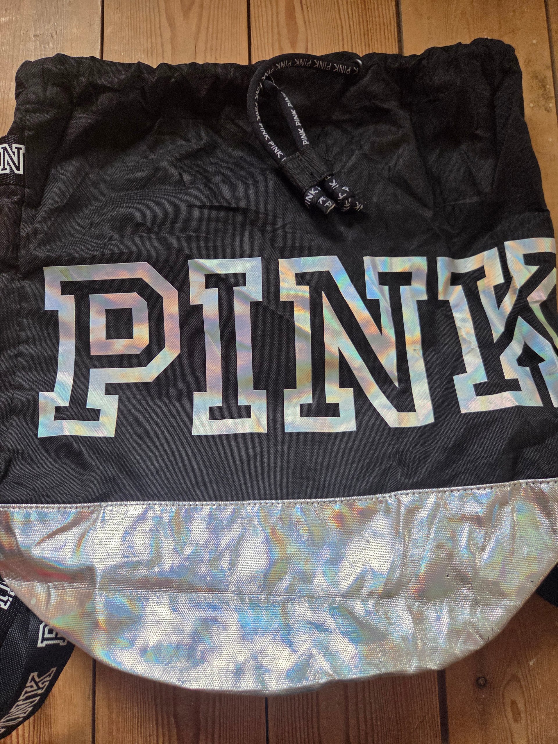 Victoria's Secret PINK Holographic Drawstring Backpack Black Silver Gym Bag image 9