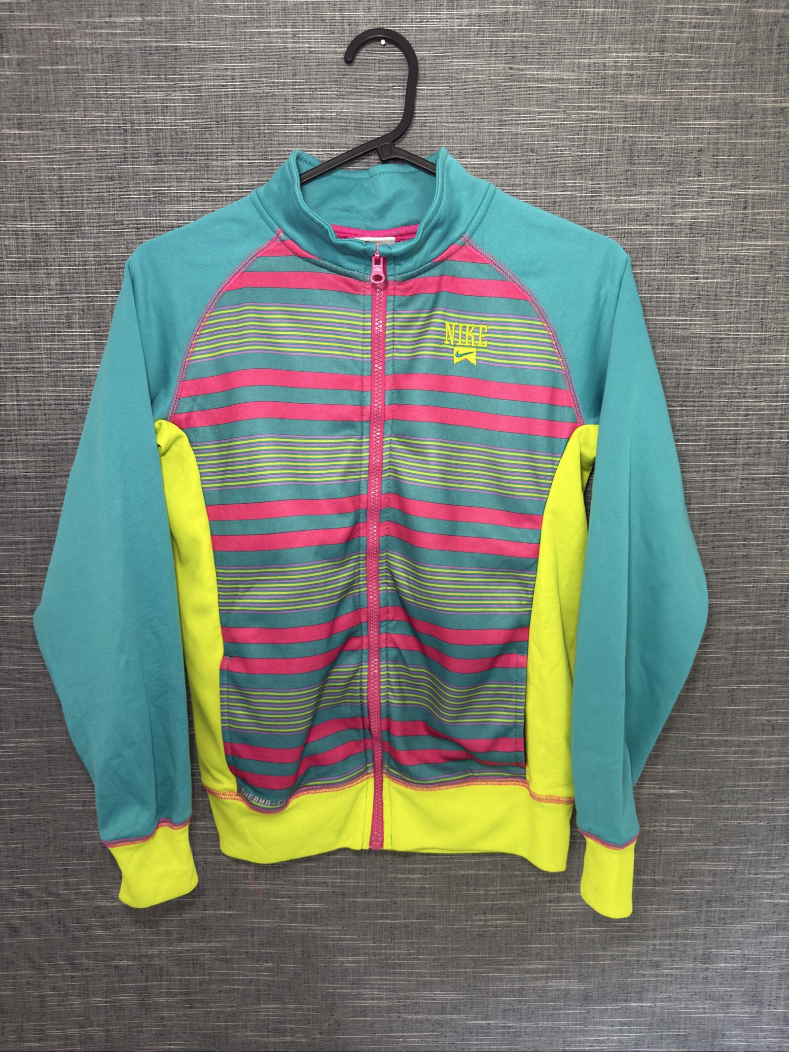 Nike Girls' Turquoise Pink Yellow Striped Zip-Up Jacket Large