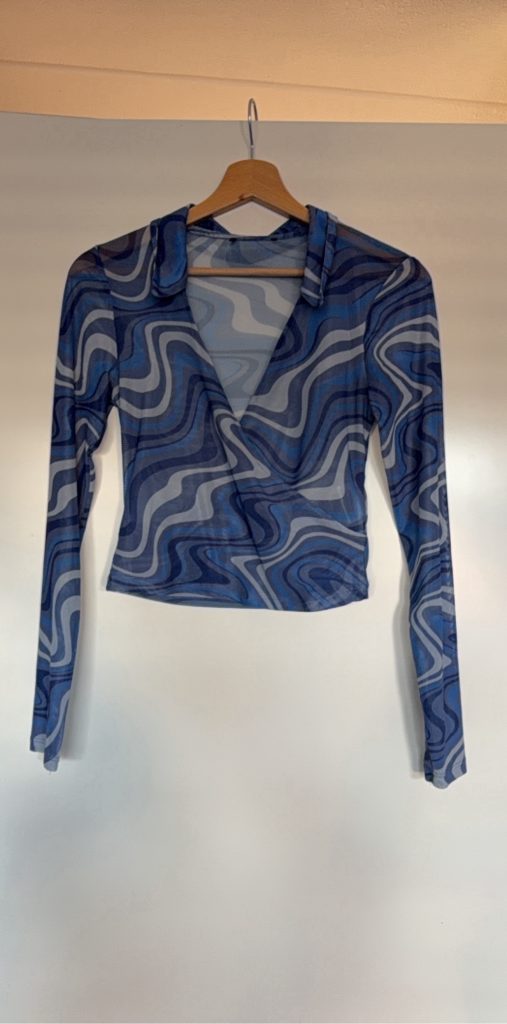 Y2K Blue Patterned Sheer Mesh Shirt Medium