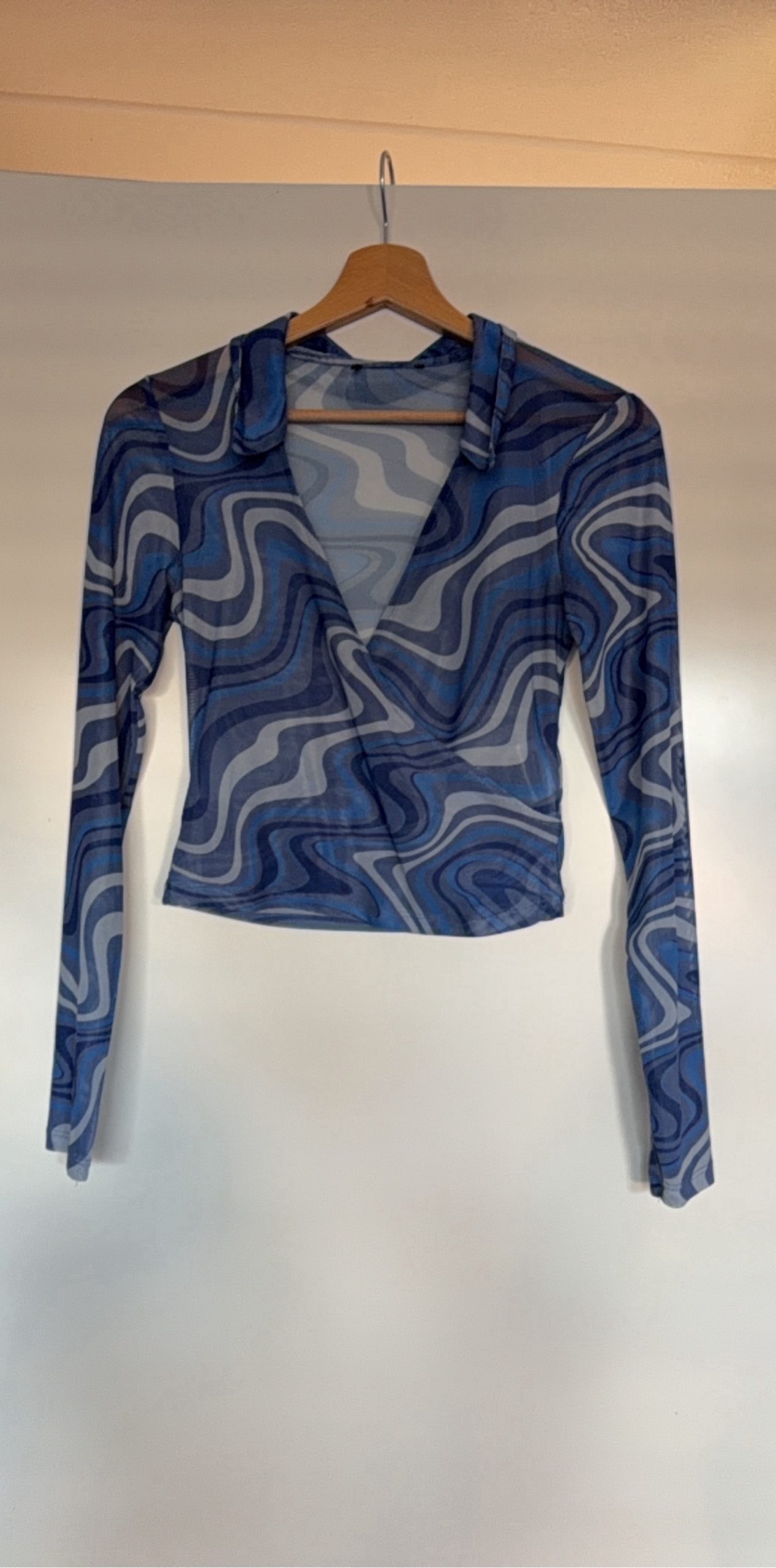 Y2K Blue Patterned Sheer Mesh Shirt Medium