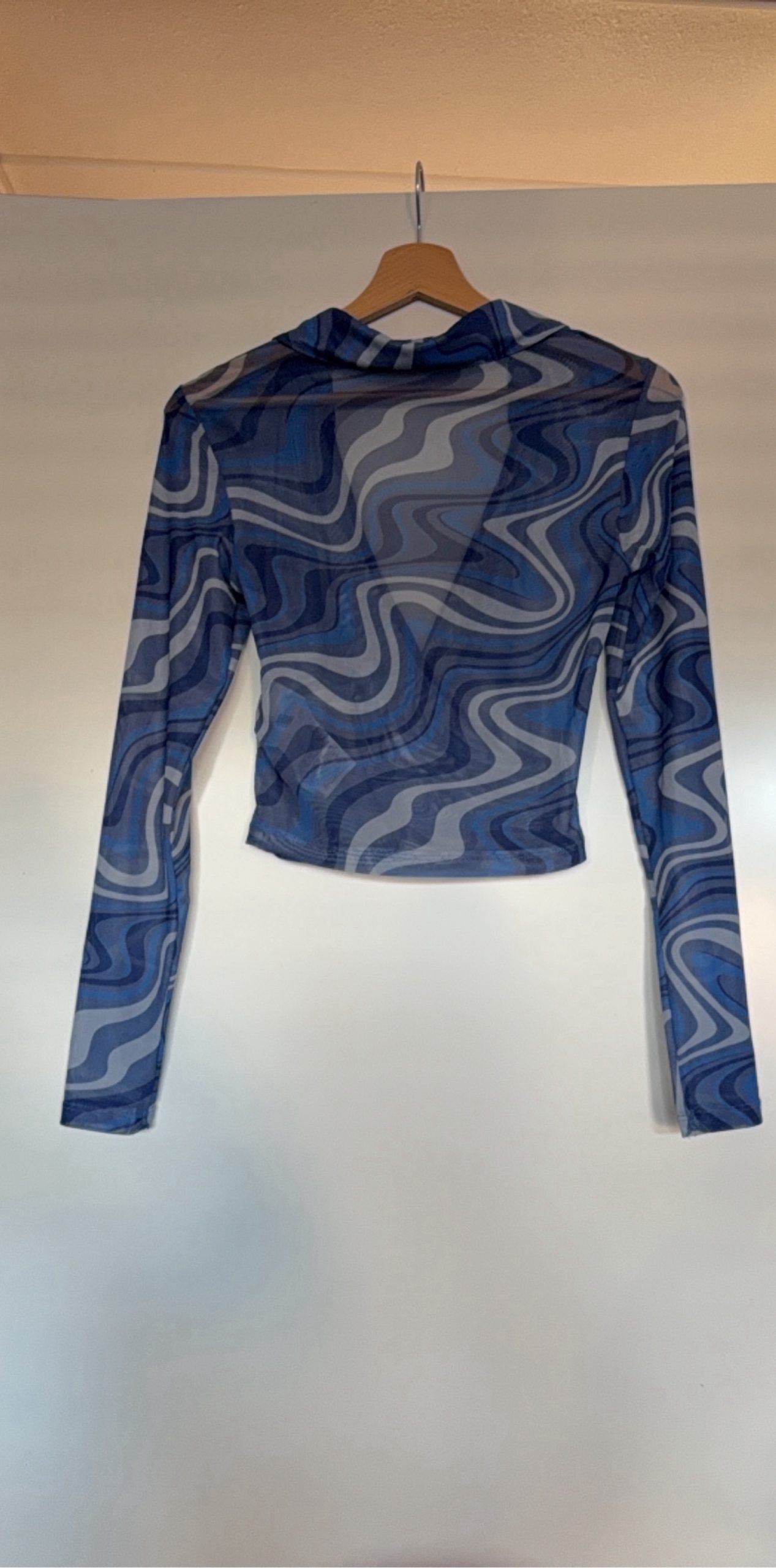 Y2K Blue Patterned Sheer Mesh Shirt Medium image 4