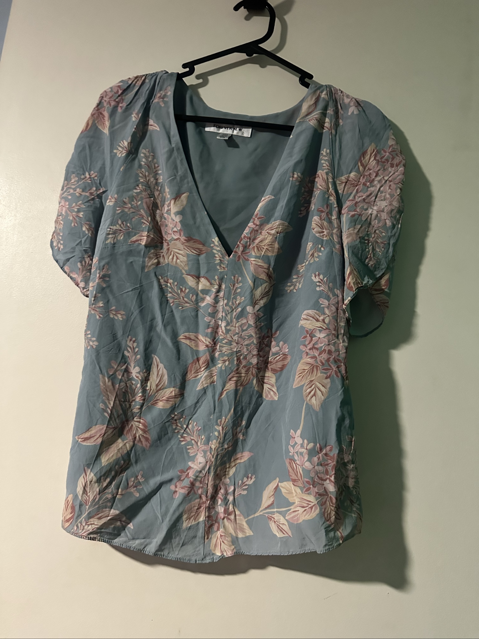 Forever New Blue & Pink Floral Blouse AUS 8 Puff Sleeve